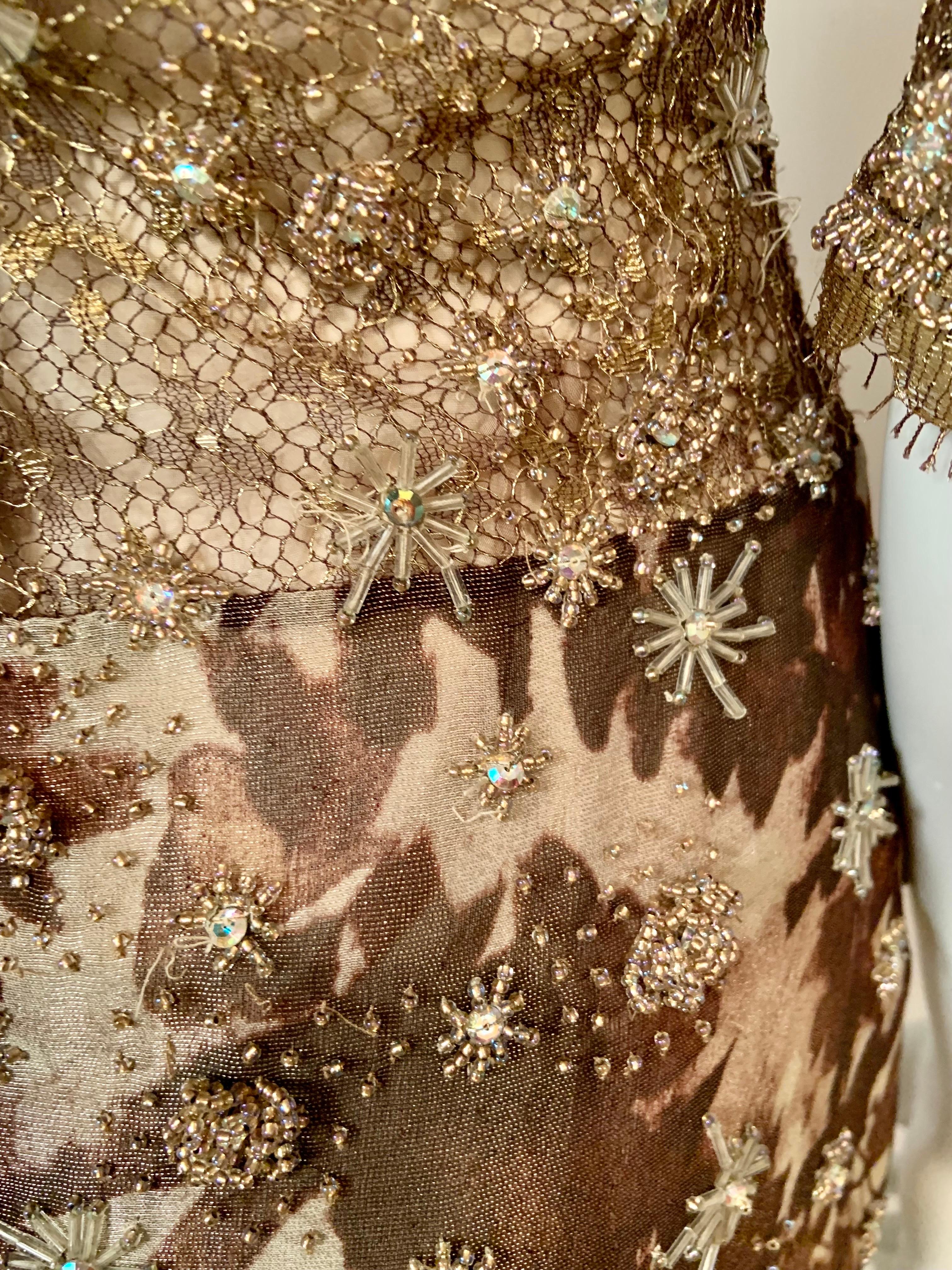 Badgley Mischka Starburst Beaded Gown Gold Lace Top Shimmery Fern Pattern Skirt 8