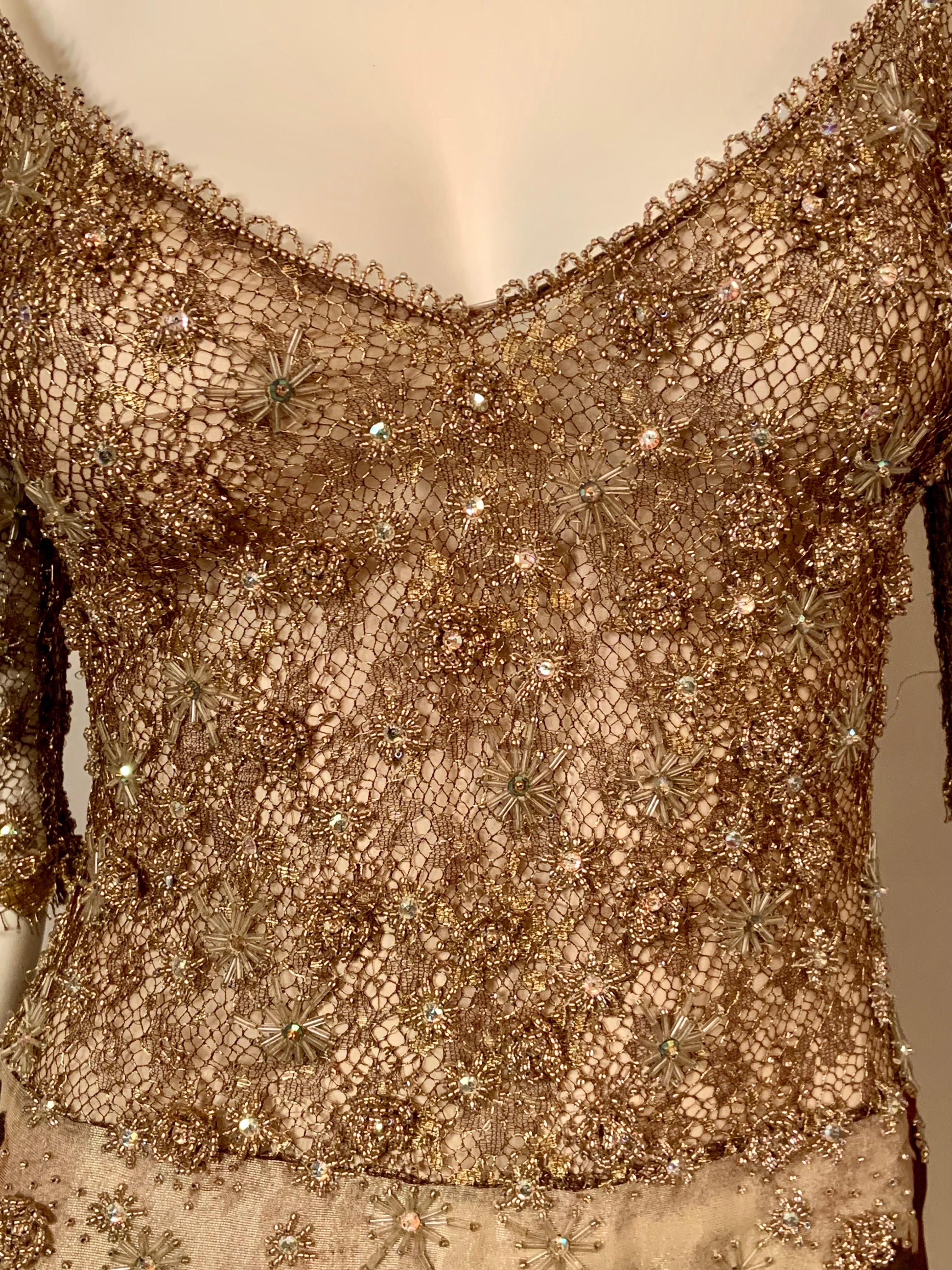 Women's Badgley Mischka Starburst Beaded Gown Gold Lace Top Shimmery Fern Pattern Skirt