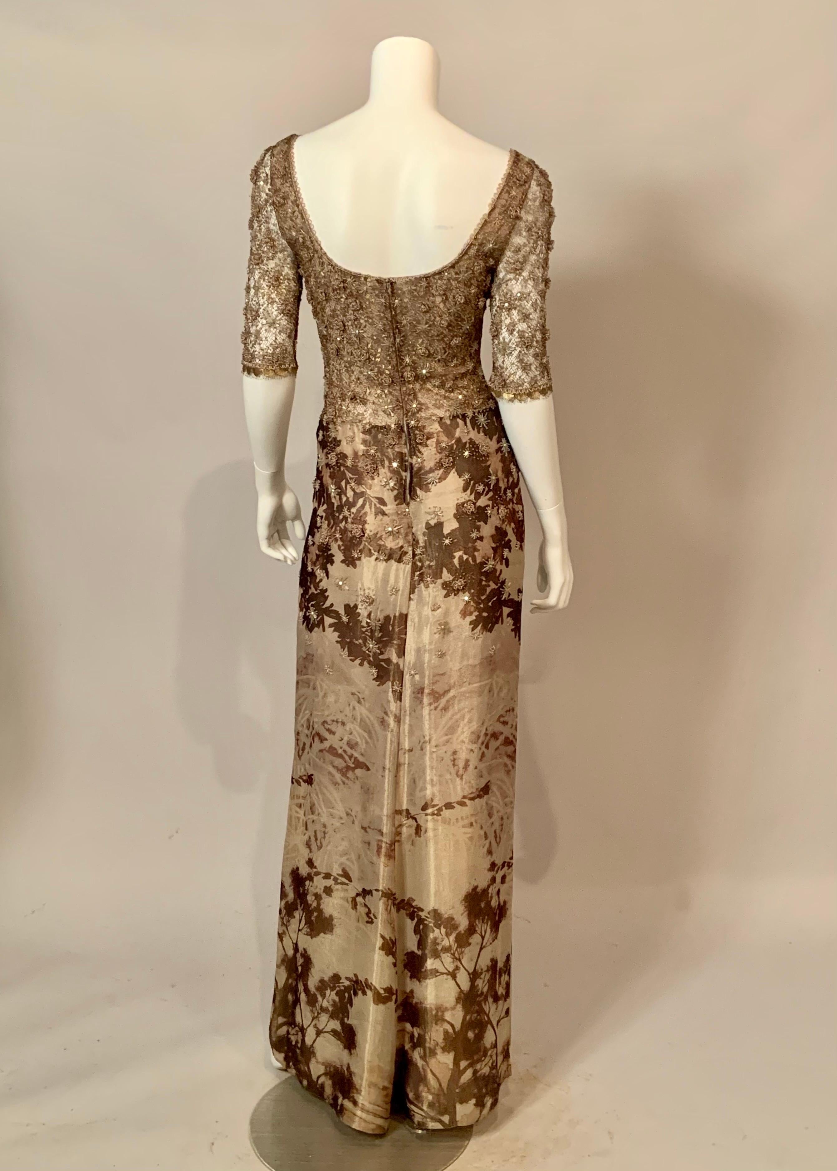 Badgley Mischka Starburst Beaded Gown Gold Lace Top Shimmery Fern Pattern Skirt 5