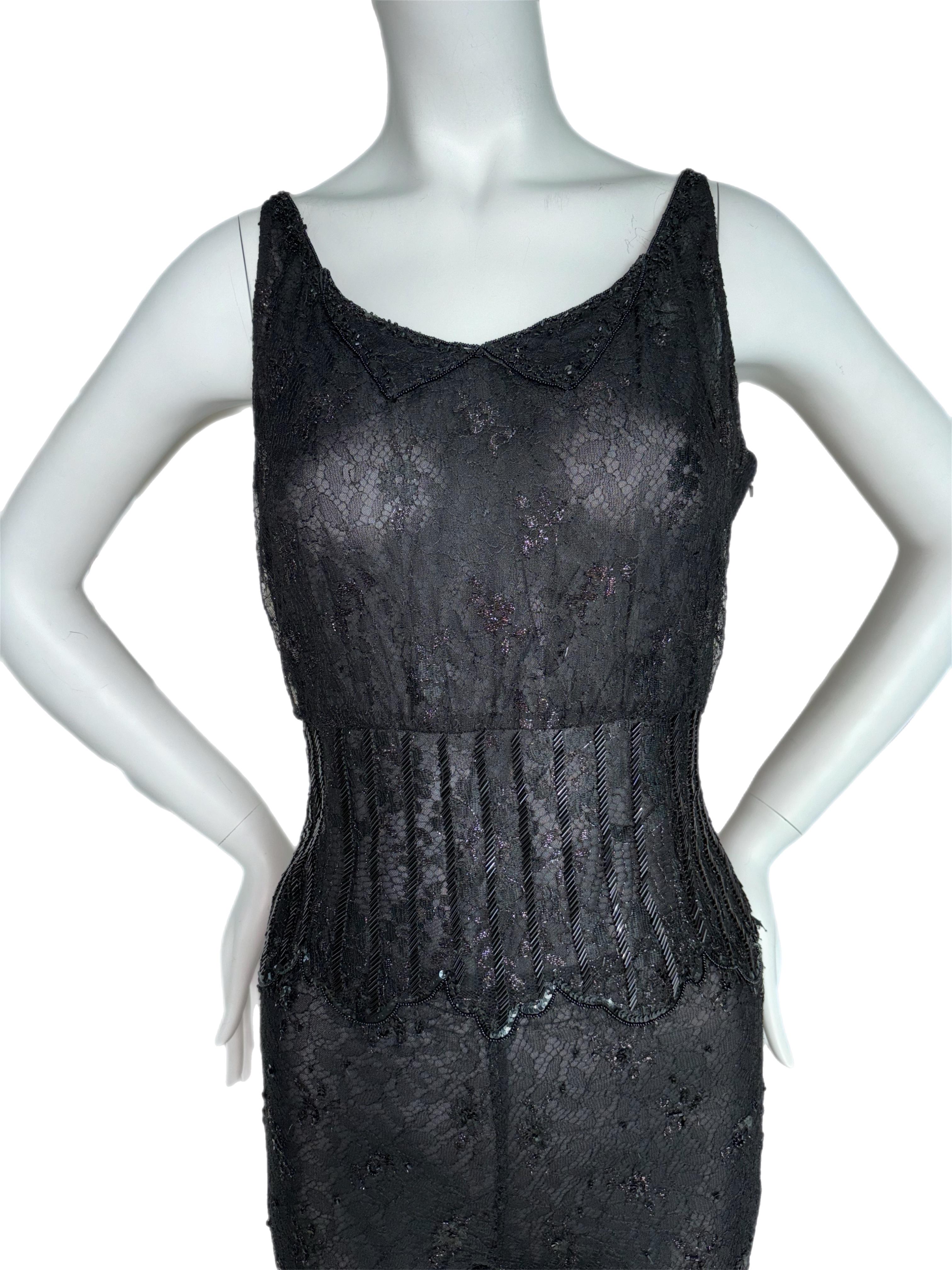 Badgley Mischka
Vintage
USA size 6, pants fit like a 0/2
Excellent Vintage Condition

This jet black 2 piece black pant set is so glamorous. The amount of lace and beading detail is actually insane.

This ensemble is jet black, I've just changed the