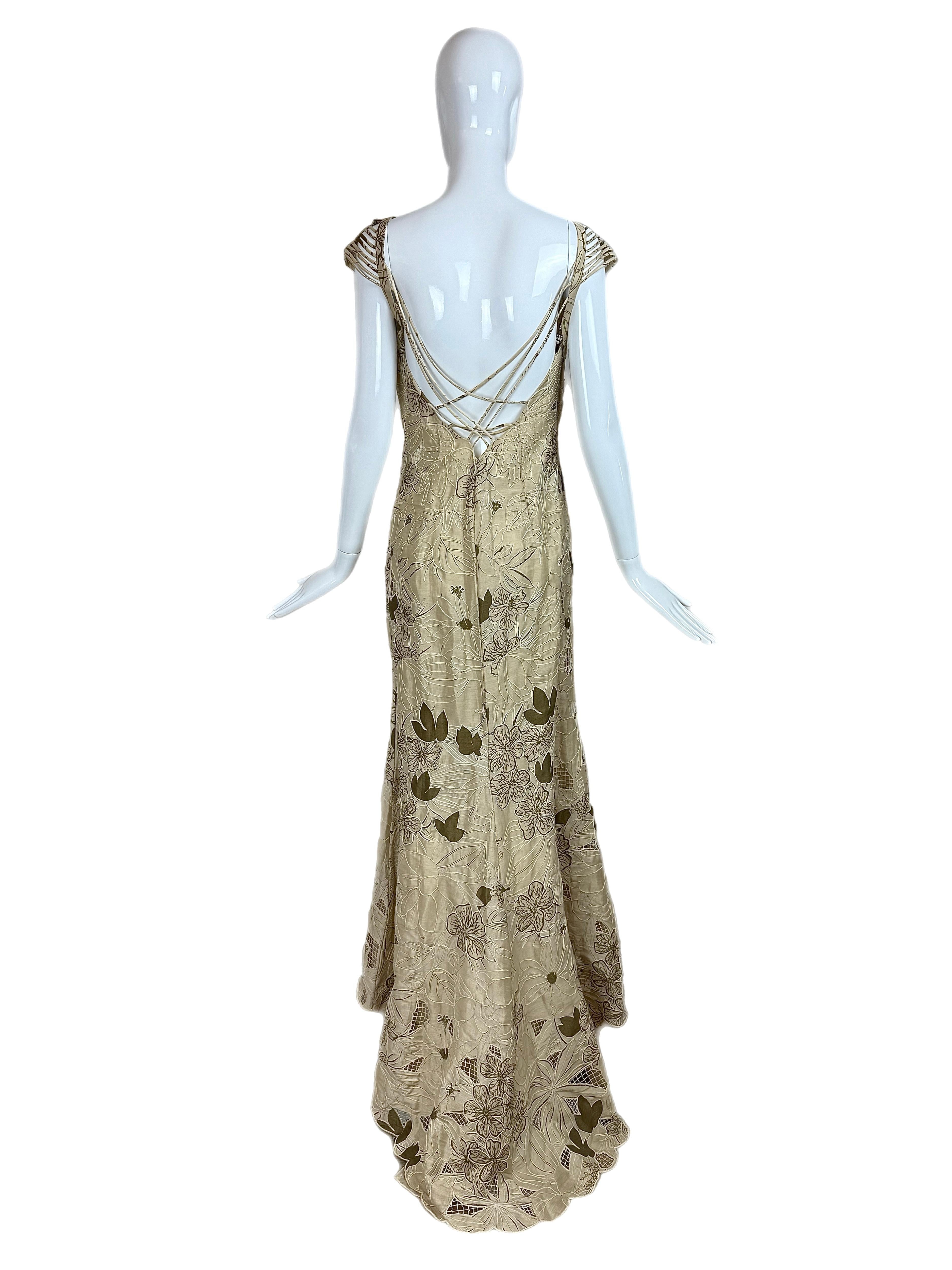 Marrone BADGLEY MISCHKA Abito da sera vintage floreale kaki unico, senza spalline, di cristallo in vendita