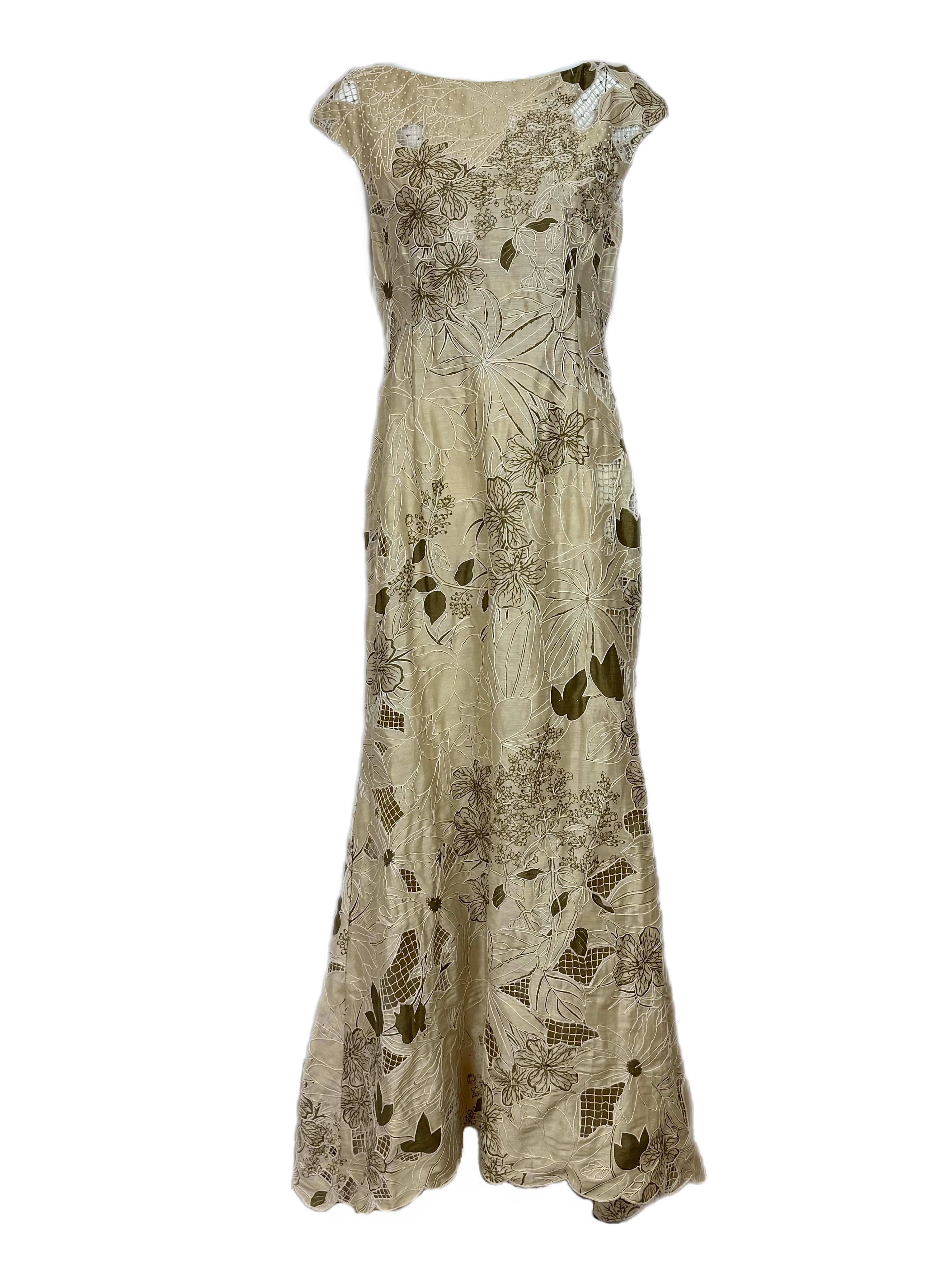 BADGLEY MISCHKA Abito da sera vintage floreale kaki unico, senza spalline, di cristallo In condizioni ottime in vendita a Leonardo, NJ