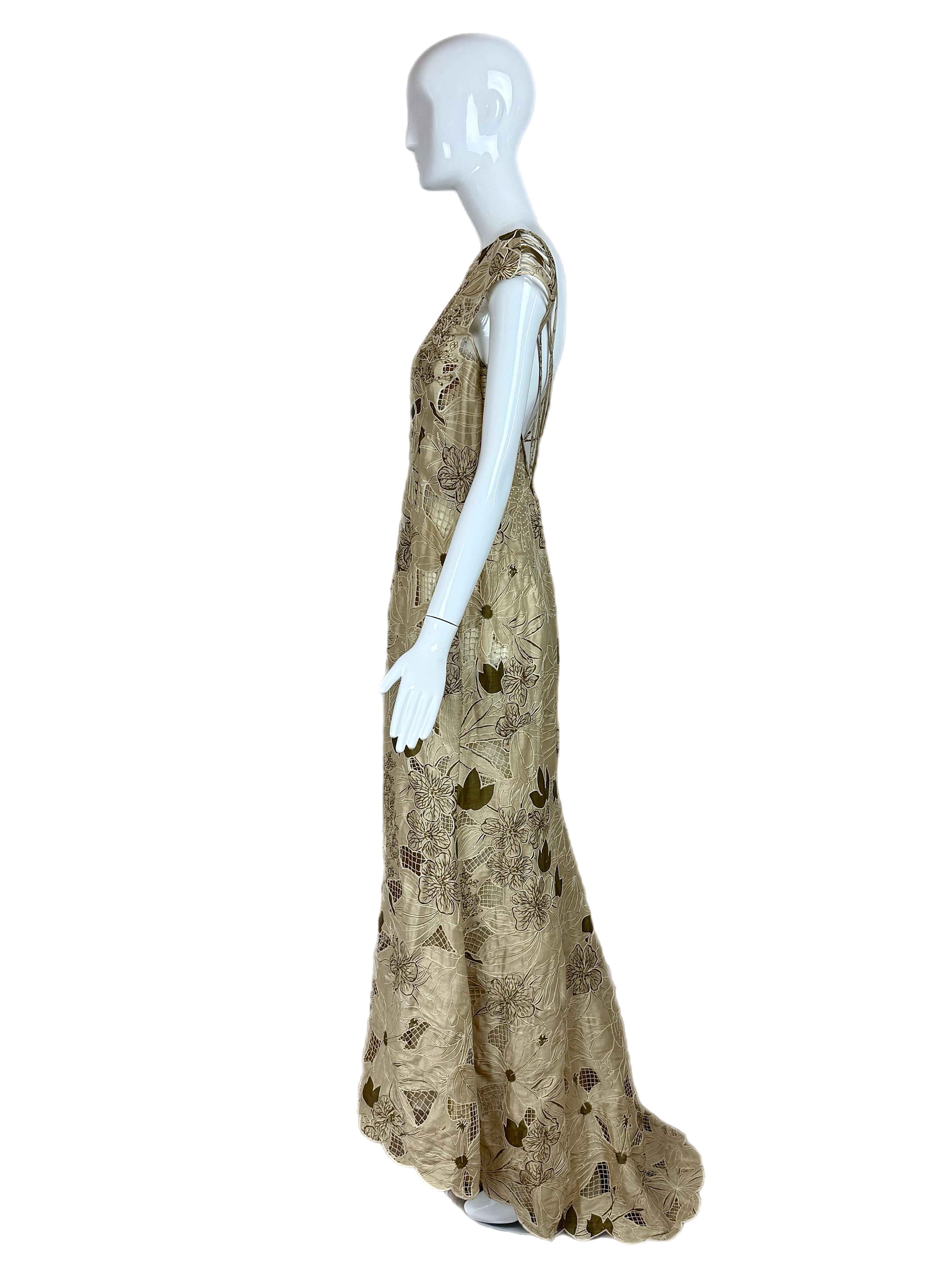 Donna BADGLEY MISCHKA Abito da sera vintage floreale kaki unico, senza spalline, di cristallo in vendita