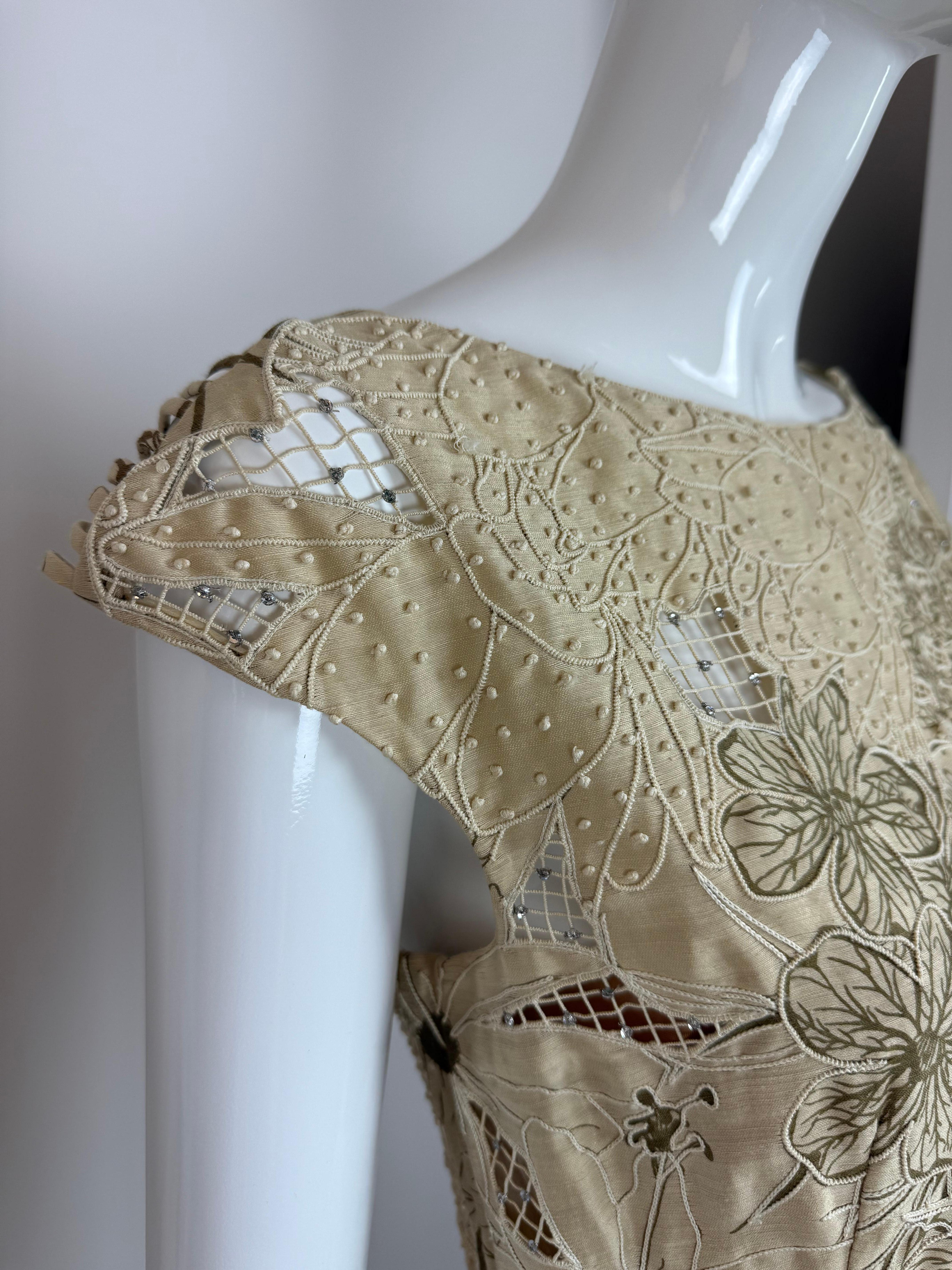 BADGLEY MISCHKA Abito da sera vintage floreale kaki unico, senza spalline, di cristallo in vendita 1