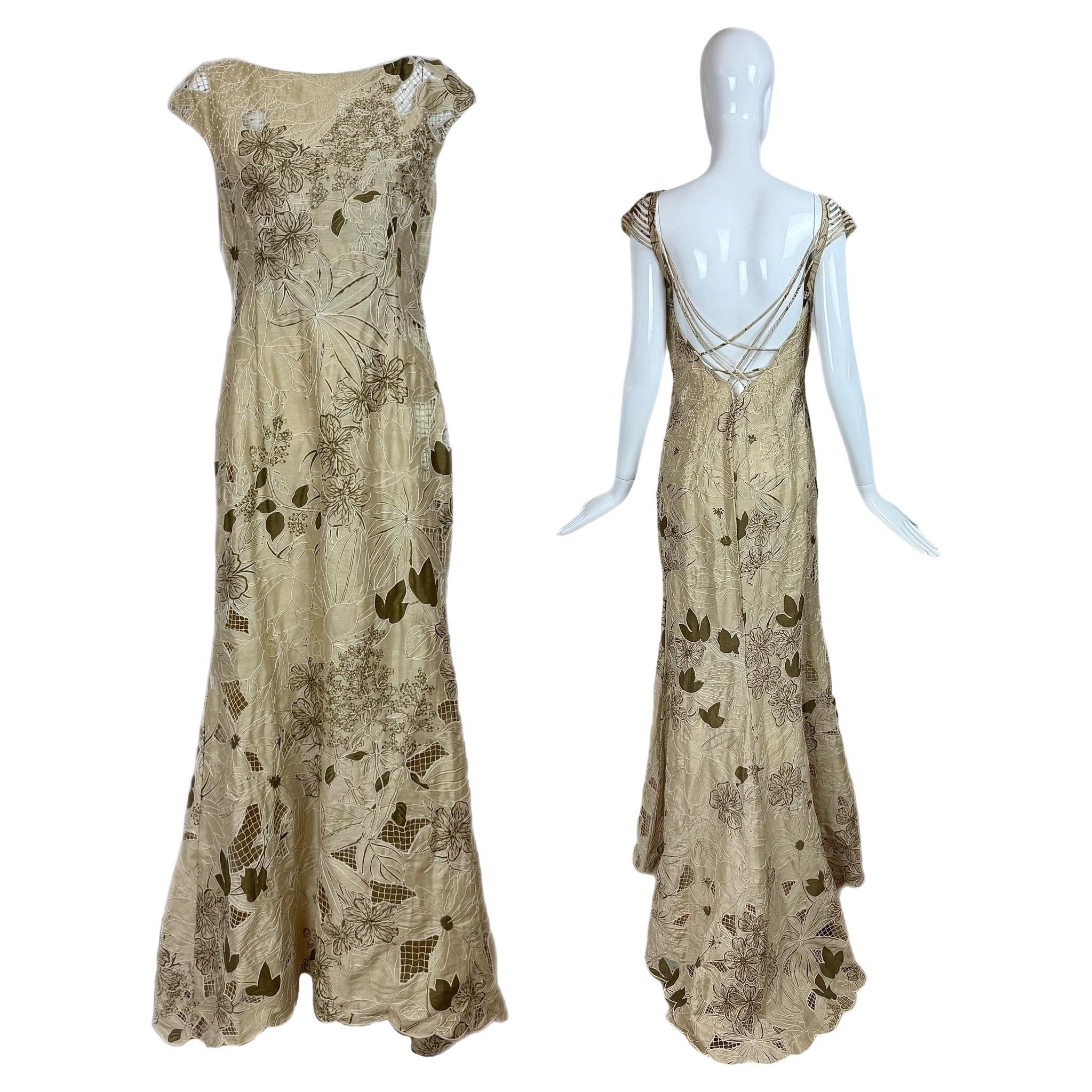 BADGLEY MISCHKA Abito da sera vintage floreale kaki unico, senza spalline, di cristallo in vendita