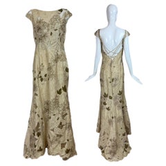 BADGLEY MISCHKA Abito da sera vintage floreale kaki unico, senza spalline, di cristallo
