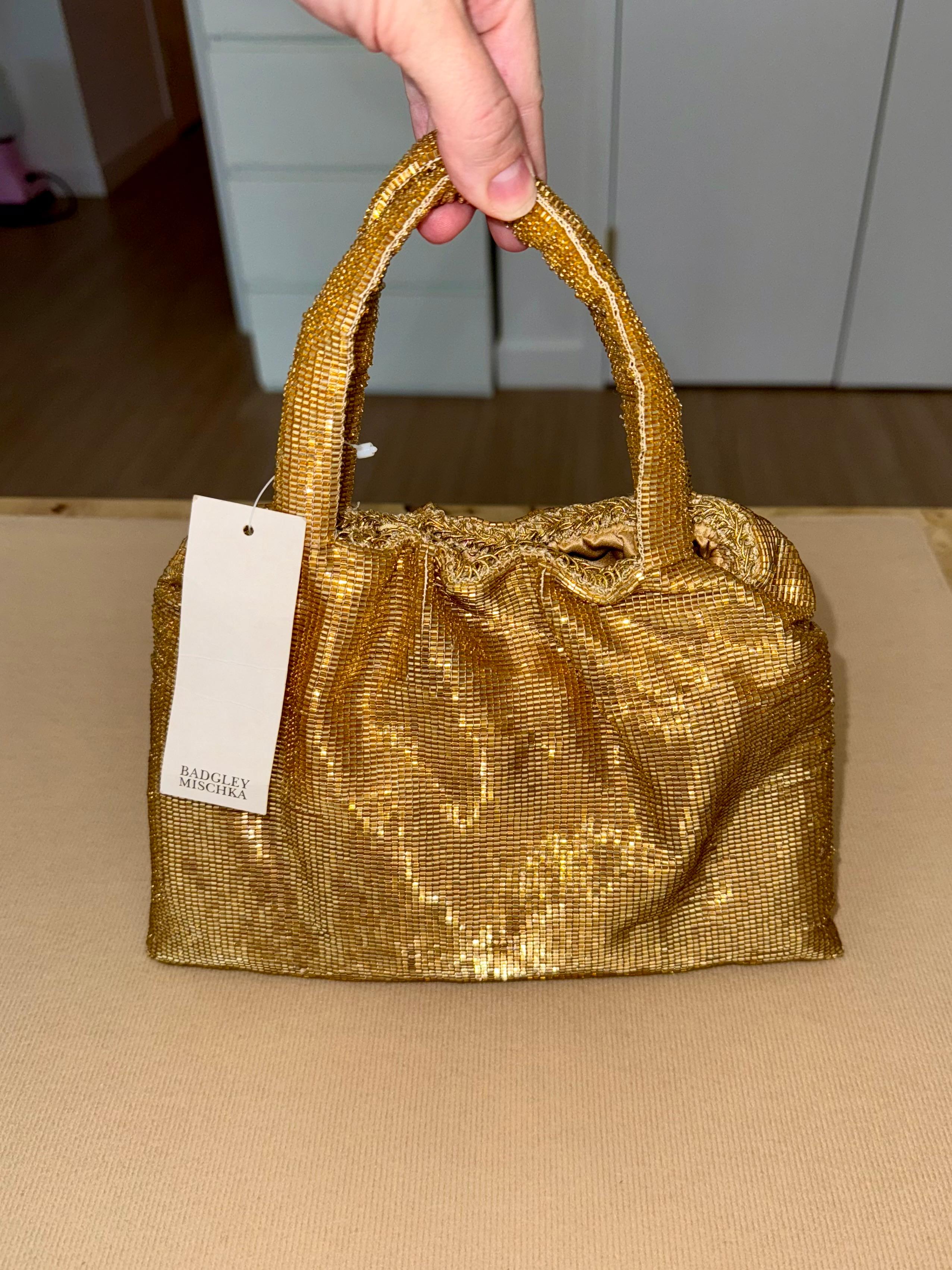 BADGLEY MISCHKA Vintage Gold Entièrement Glass Beaded Evening Bag Purse Embellished Neuf - En vente à Leonardo, NJ