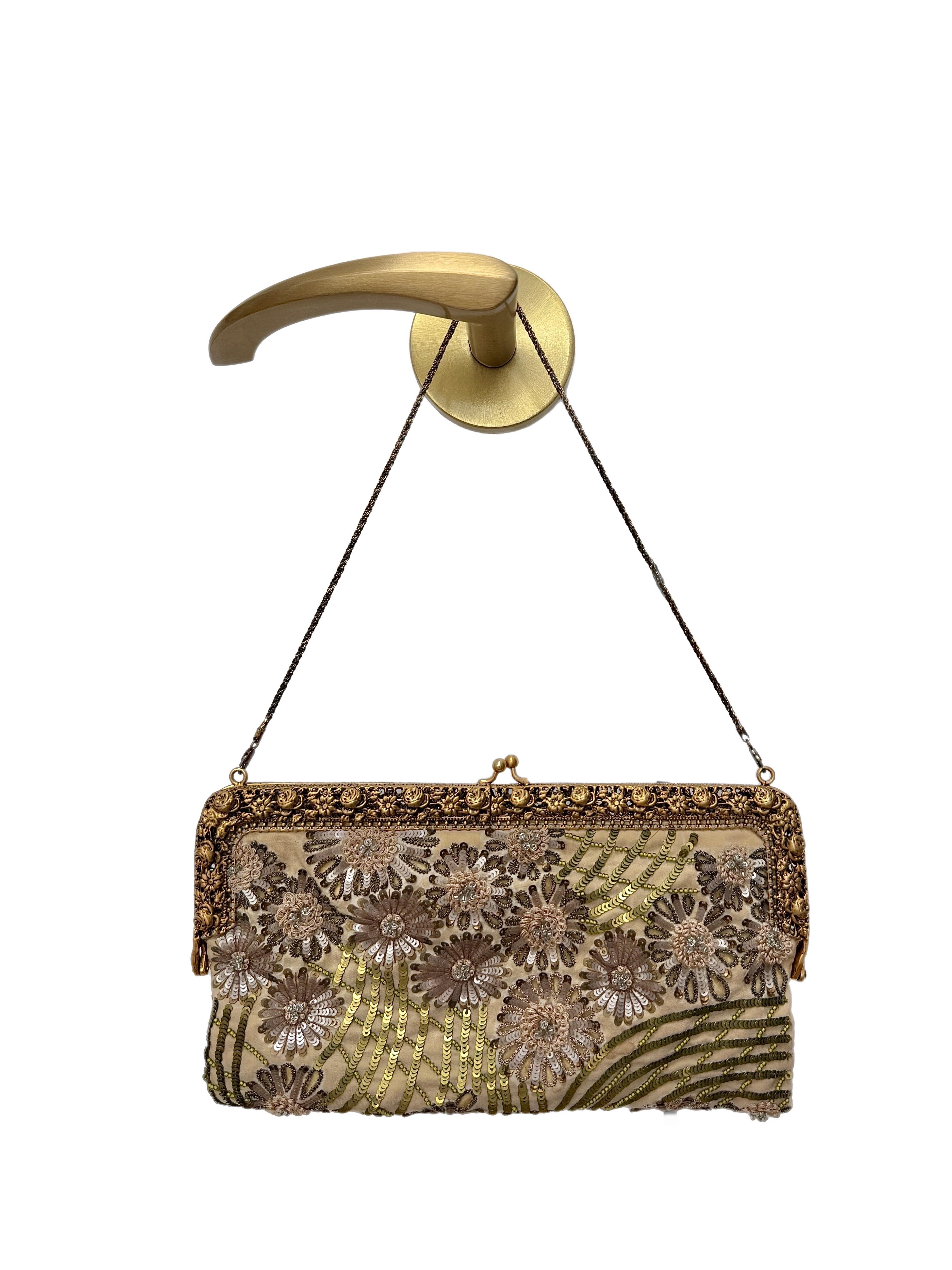 Brown BADGLEY MISCHKA Vintage Gold Floral Embellished Evening Bag Purse Clutch For Sale