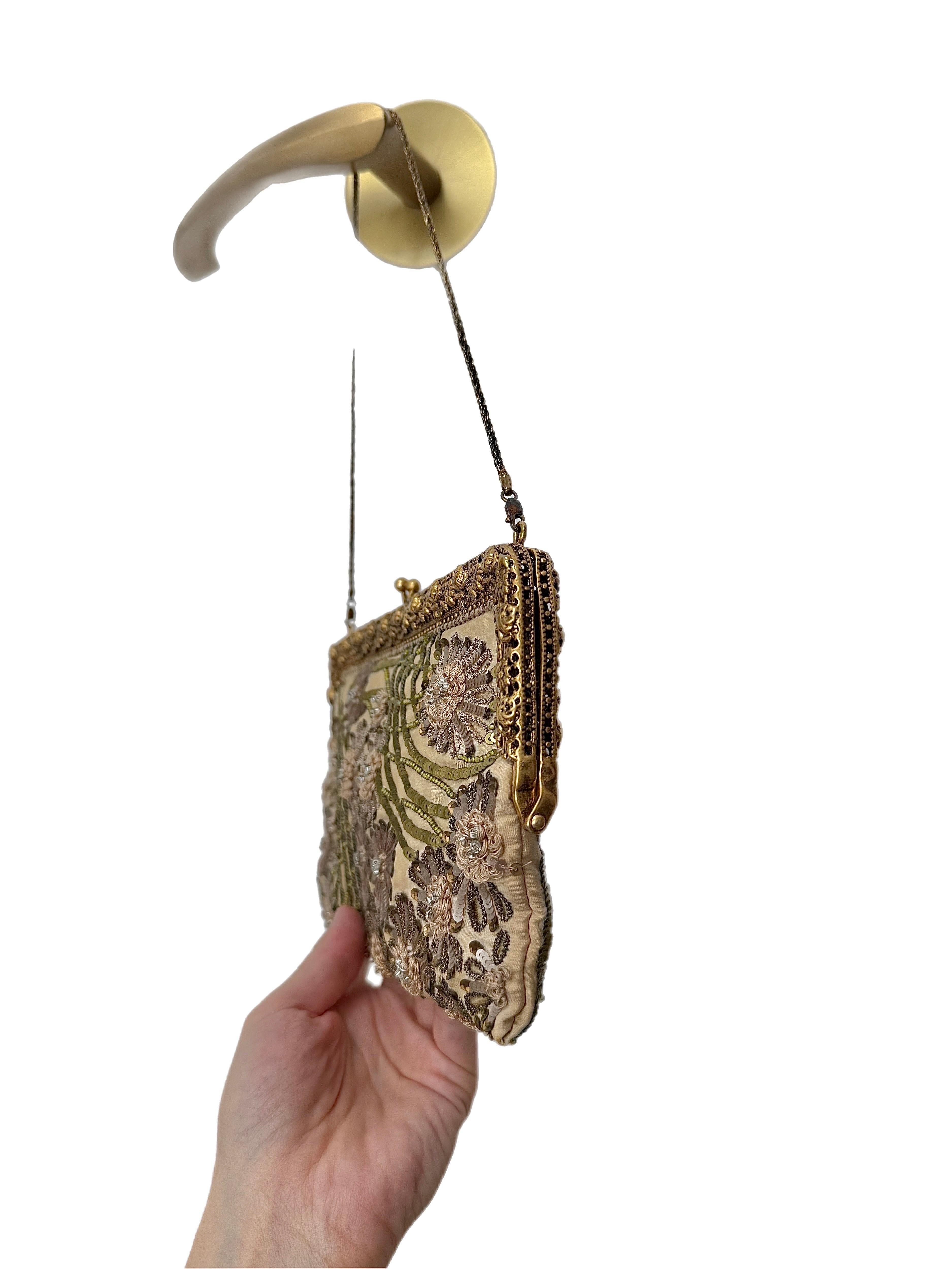 Women's BADGLEY MISCHKA Vintage Gold Floral Embellished Evening Bag Purse Clutch For Sale