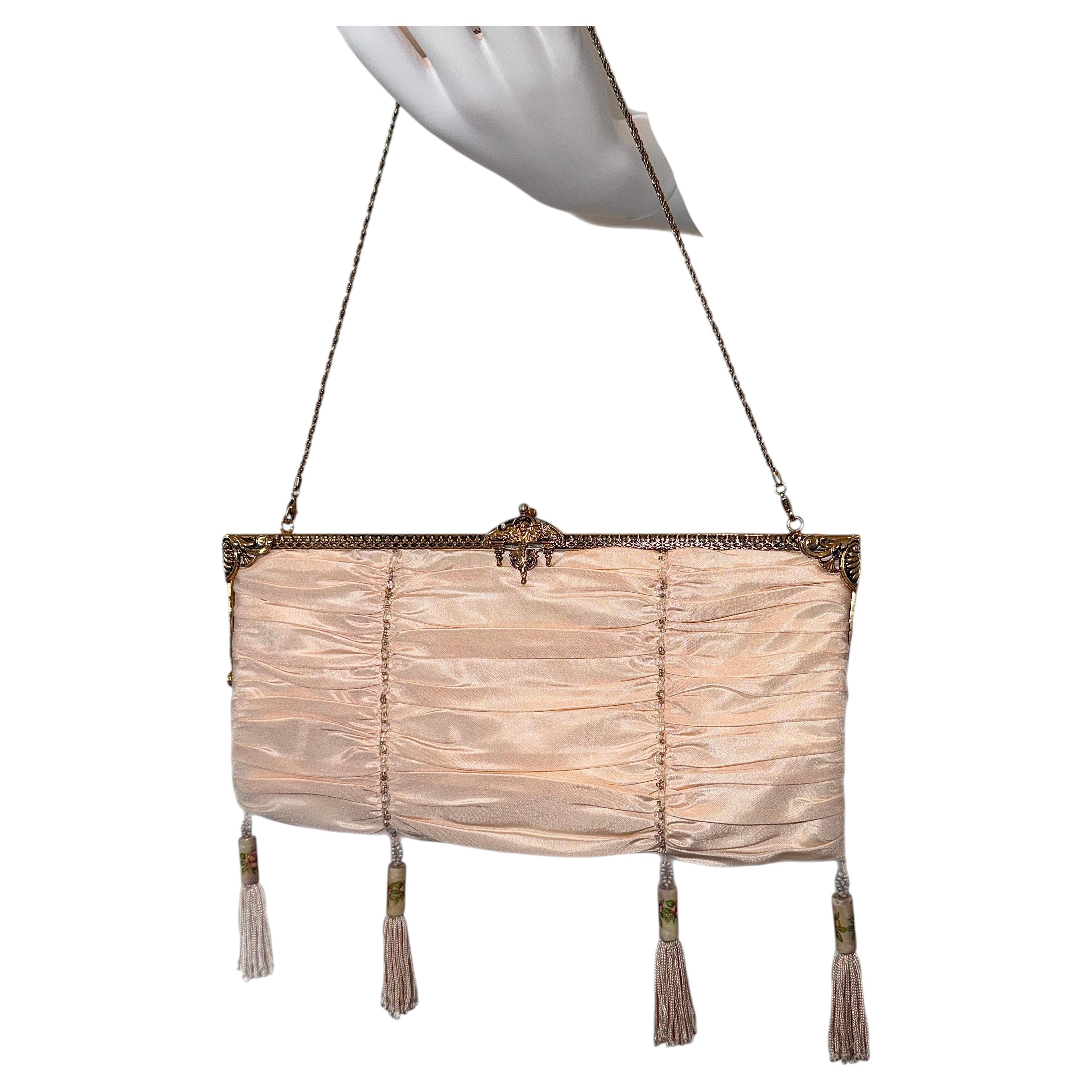 BADGLEY MISCHKA Vintage Peach Satin Beaded Tassel Evening Bag For Sale