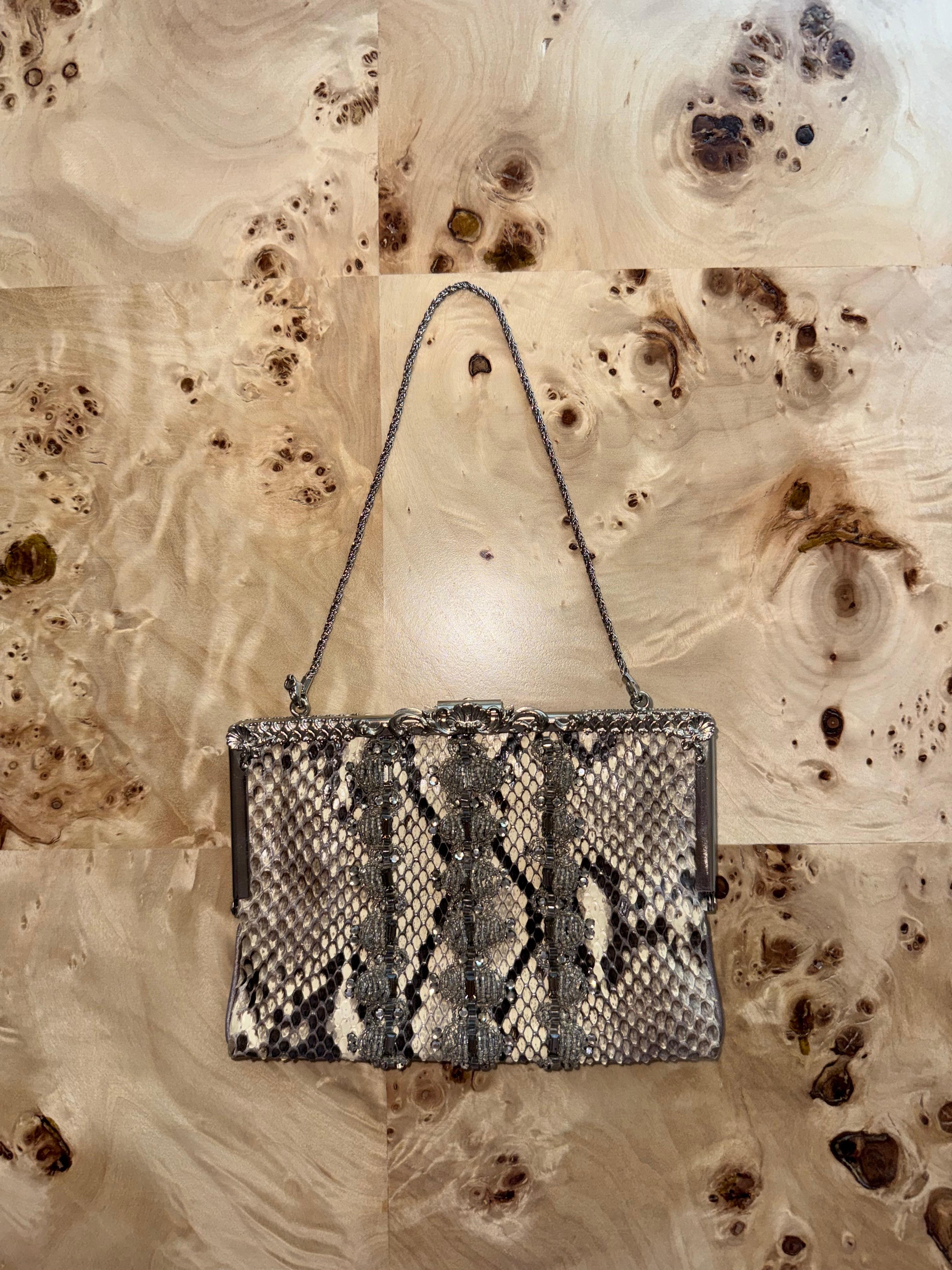 BADGLEY MISCHKA Vintage Real Python Embellished Minaudiere Bag Clutch Snake In Excellent Condition For Sale In Leonardo, NJ