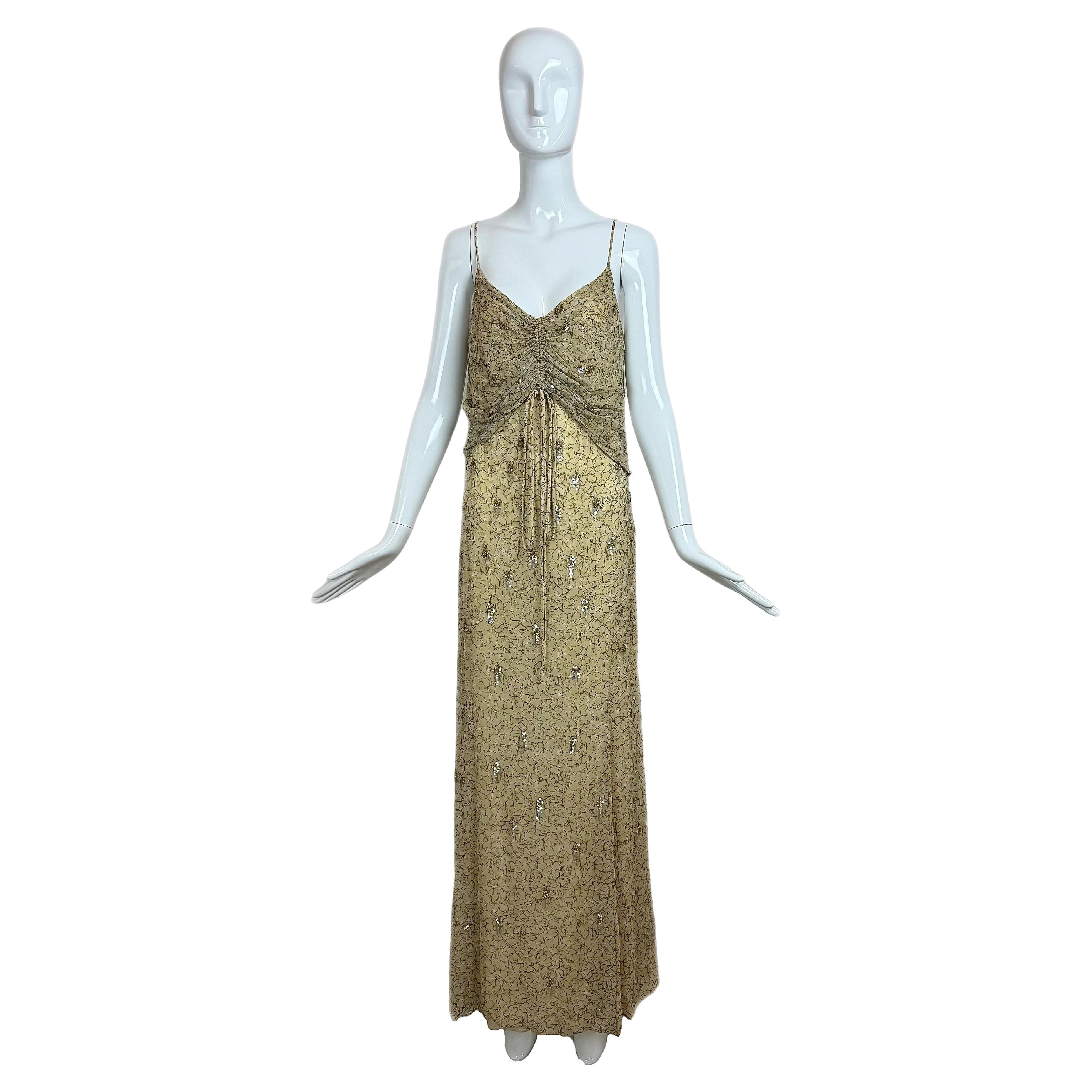 BADGLEY MISCHKA Vintage Silk Dusty Yellow Gold Embellished Gown