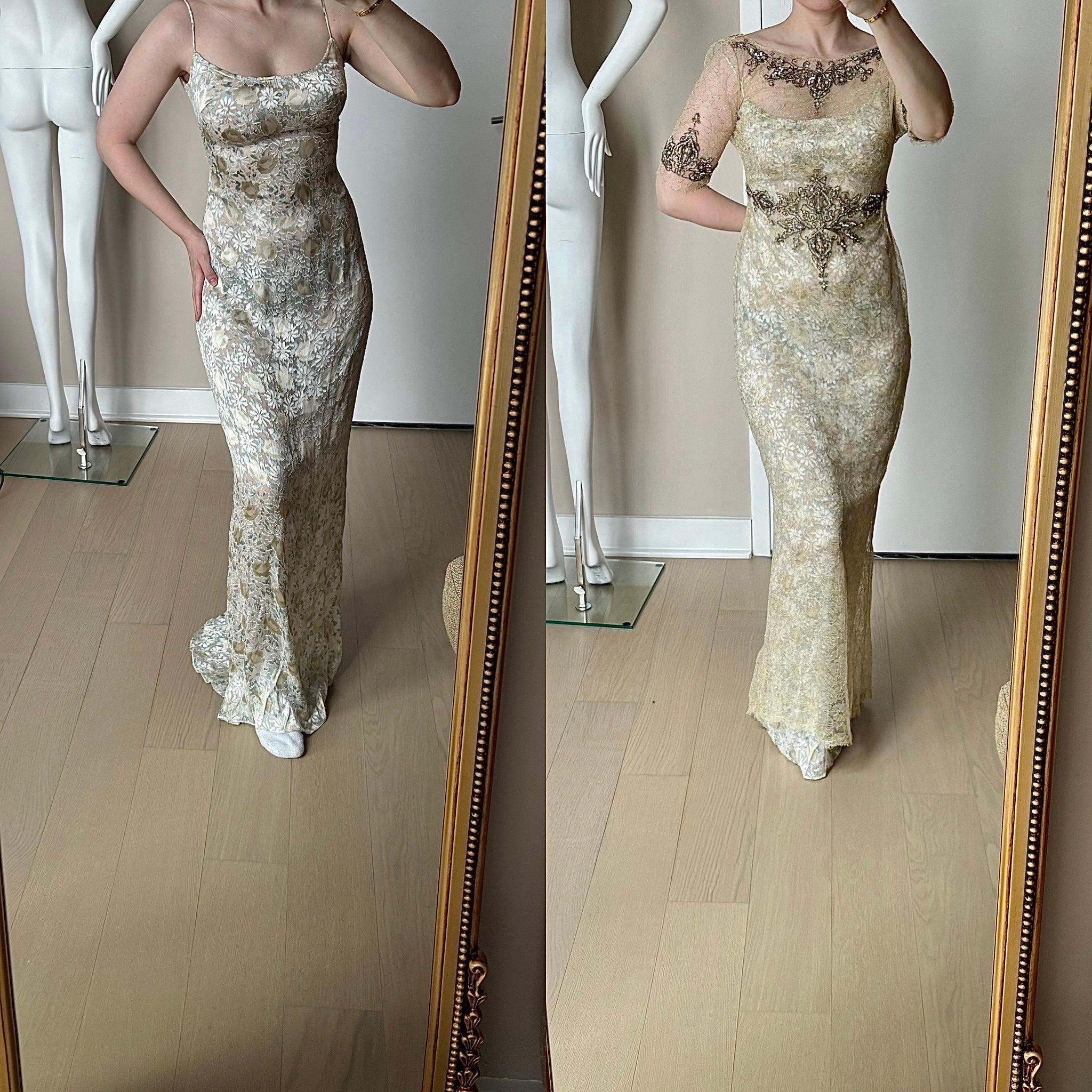 Badgley Mischka
Vintage
USA size 6, fits like a size 4
Excellent Condition

Vintage Badgley Mischka dresses are literal works of art. They rival your favorites for sure.

The slip dress is semi velvet and so light, and the ornate lace overlay is