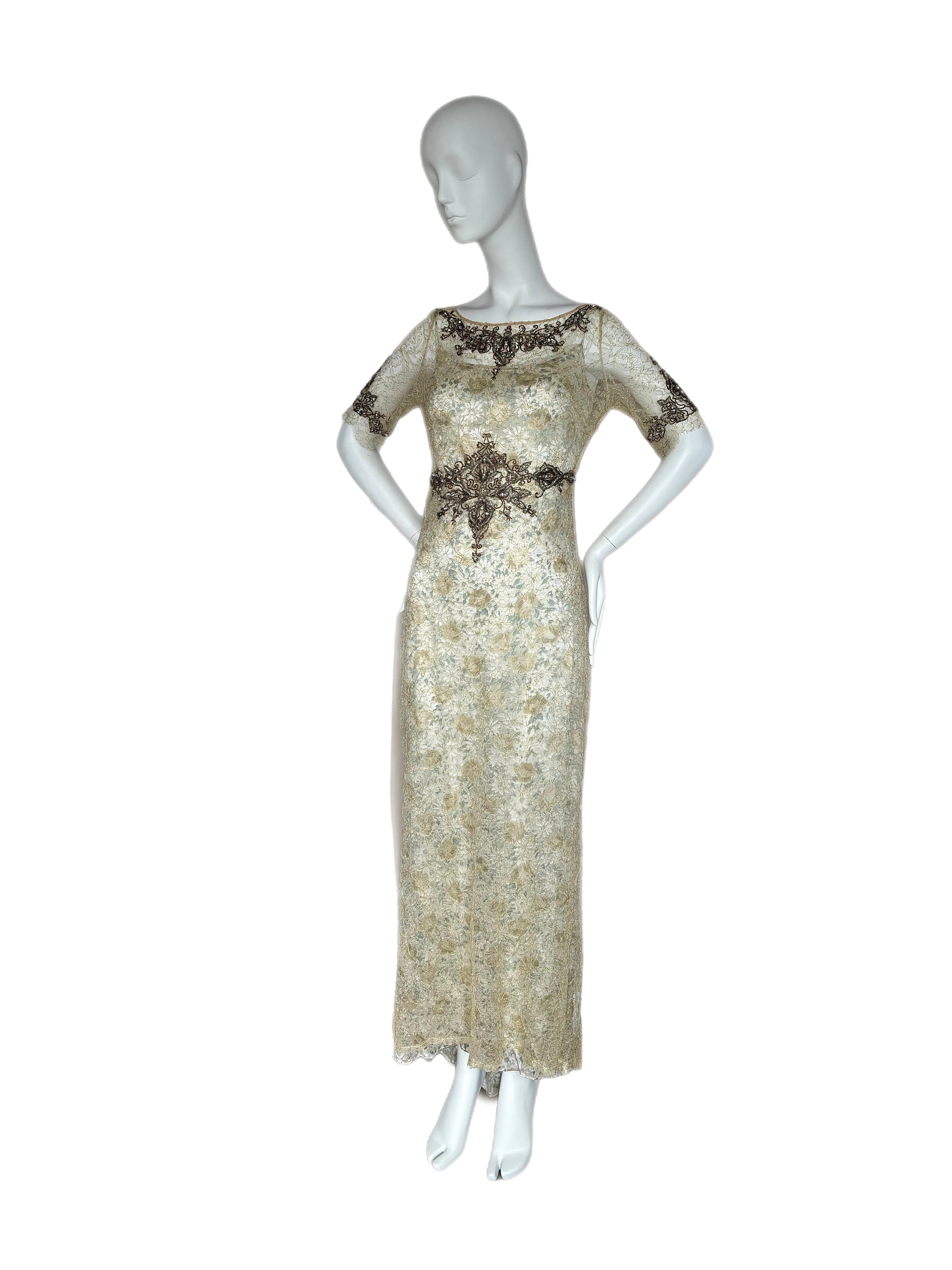 Gray BADGLEY MISCHKA Vintage Slip Gown w. Delicate Lace Embellished Overlay Maxi For Sale