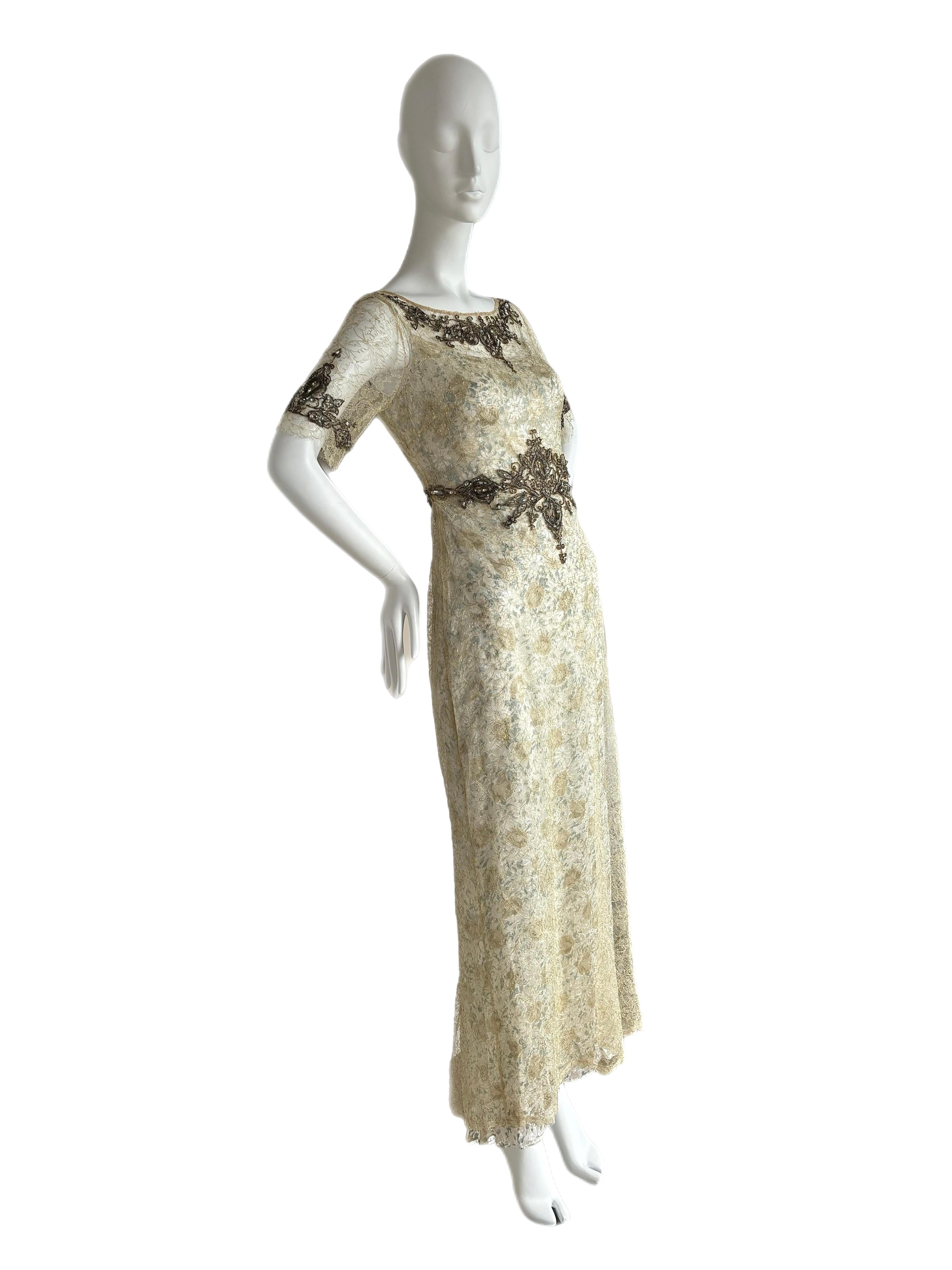 BADGLEY MISCHKA Vintage Slip Gown w. Delicate Lace Embellished Overlay Maxi In Excellent Condition For Sale In Leonardo, NJ
