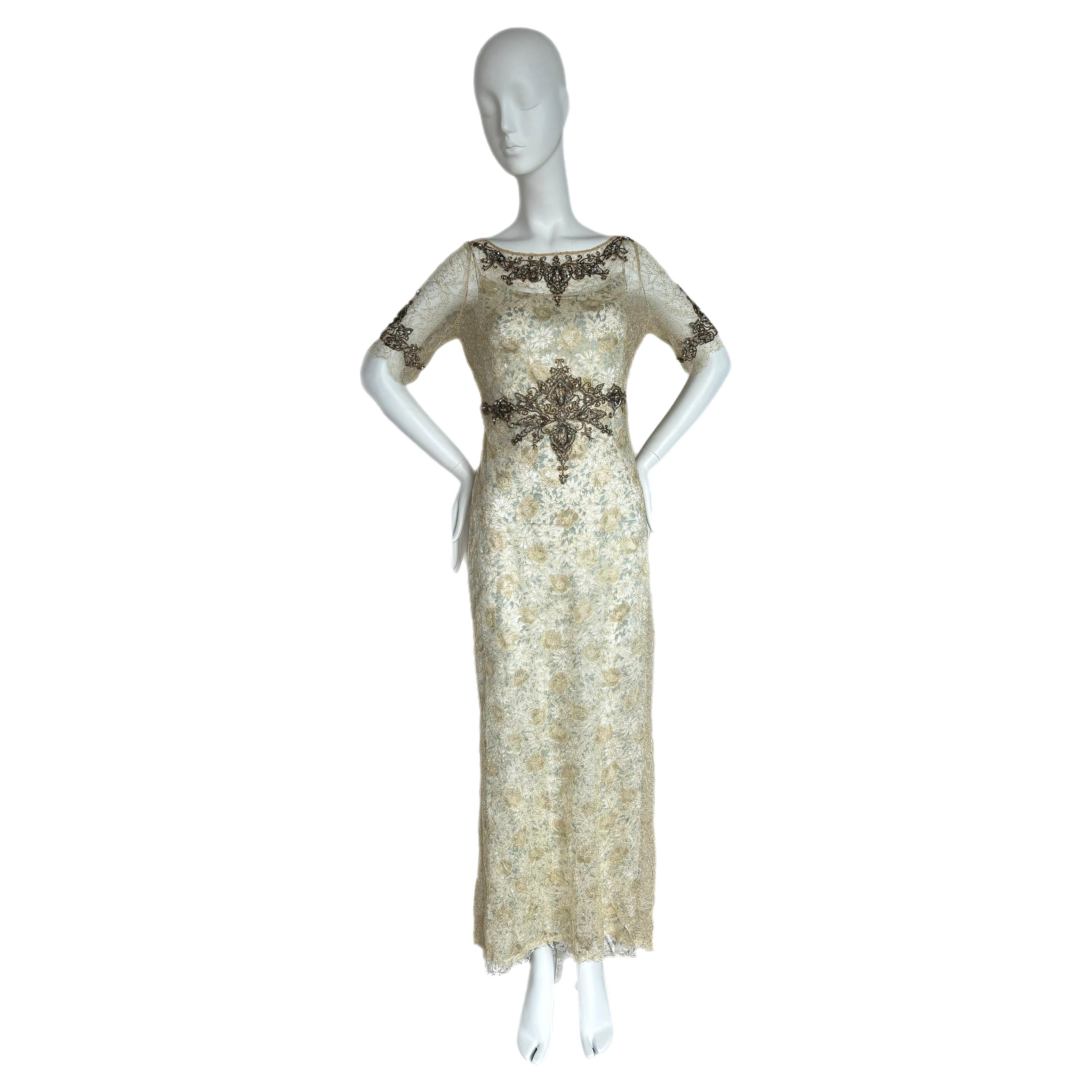 BADGLEY MISCHKA Vintage Slip Gown w. Delicate Lace Embellished Overlay Maxi For Sale