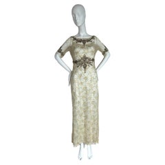 BADGLEY MISCHKA Used Slip Gown w. Delicate Lace Embellished Overlay Maxi 
