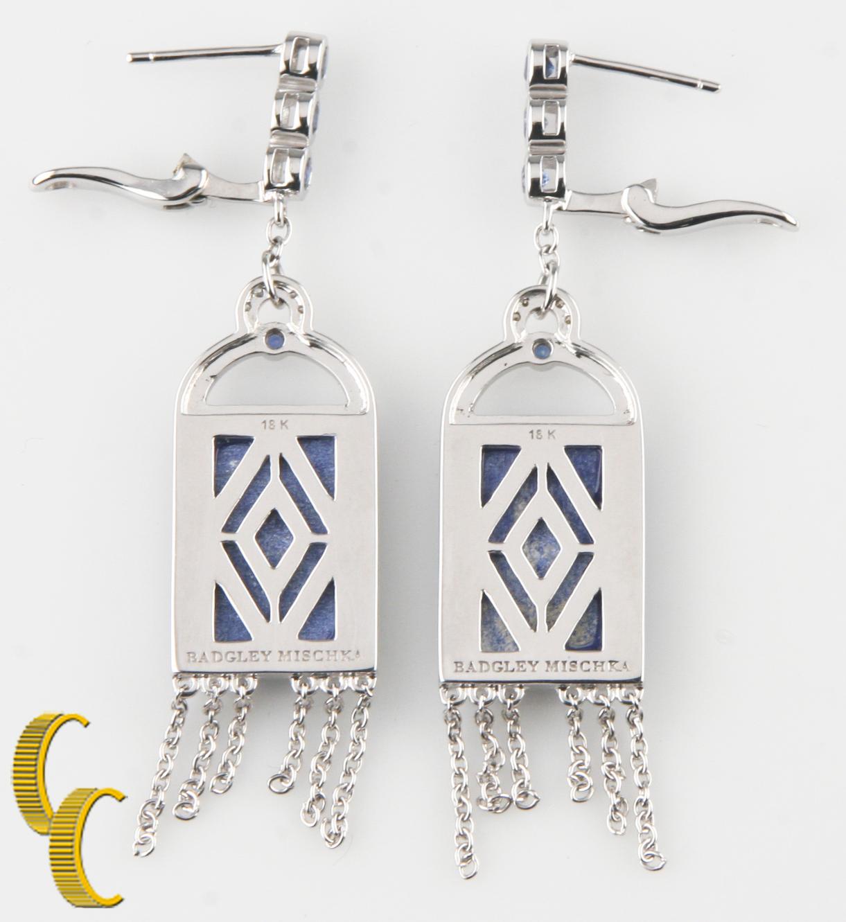 Gorgeous, Unique 18k White Gold Earrings Showcasing a Large Blue Lapis with Diamonds and Iolite
Features 18k White Gold Pierced Omega Backs w/ Three Bezel-Set Round Iolites Each
Drops Feature Bezel-Set Blue Lapis Lazuli
Drop Width = 14 mm
Drop