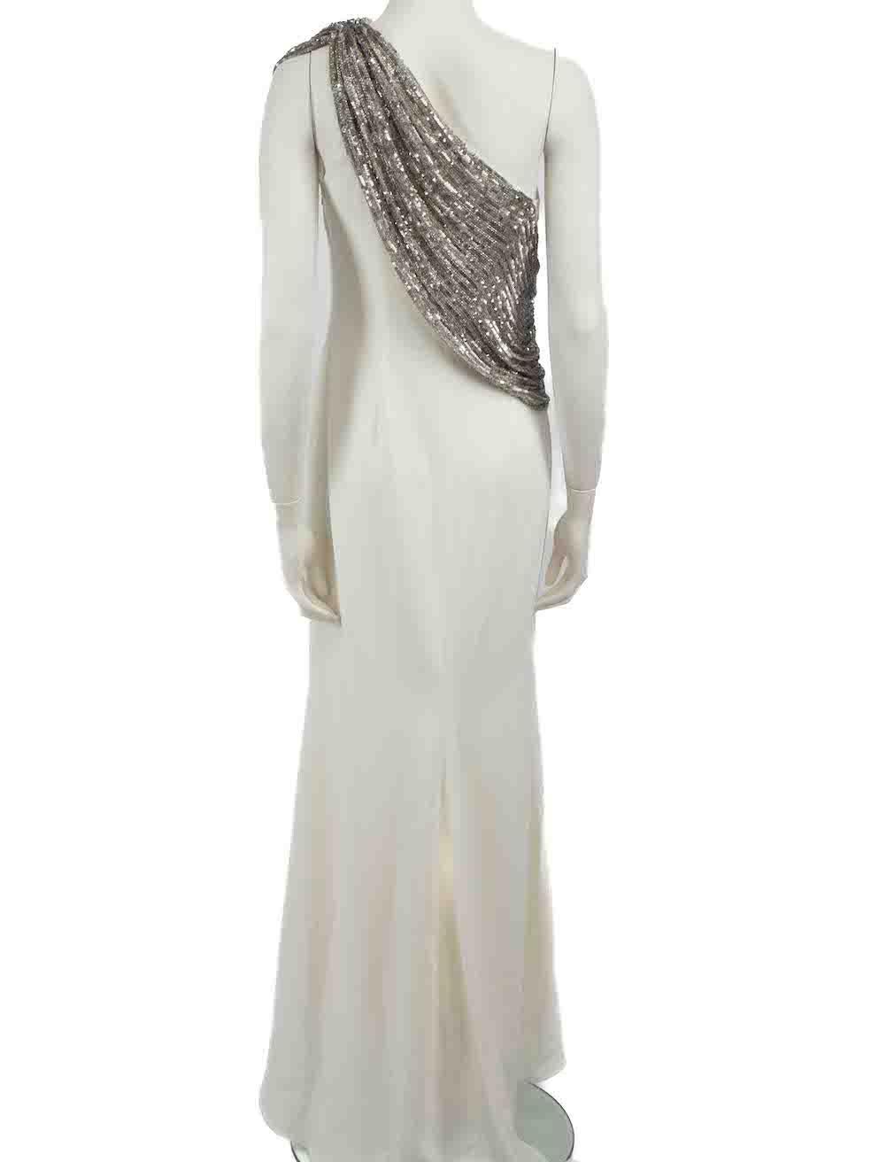 Gray Badgley Mischka White One Shoulder Sequinned Gown Size M