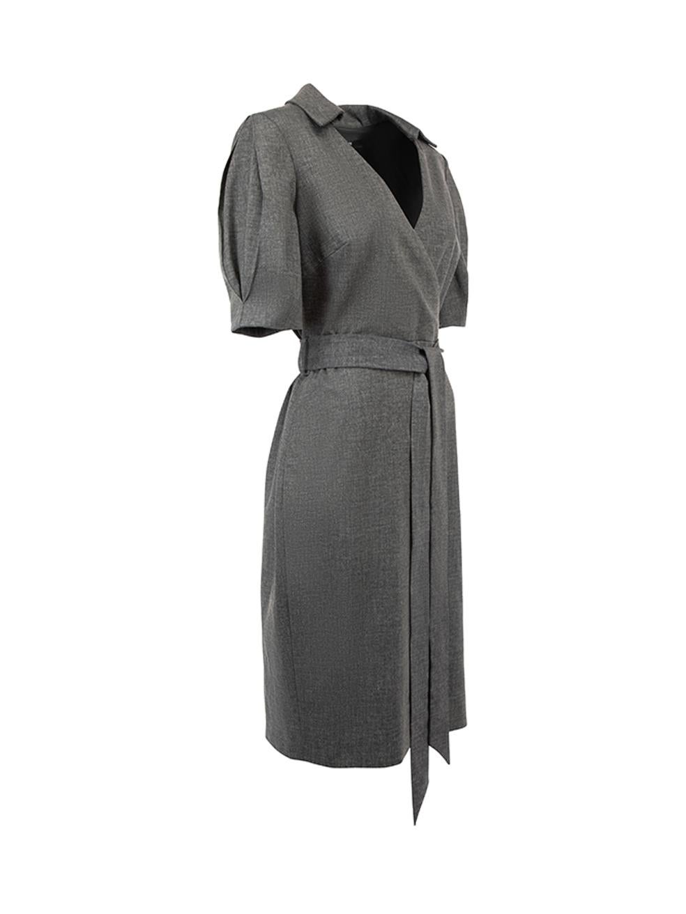 CONDITION is Very good. Hardly any visible wear to dress is evident on this used Badgley Mischka designer resale item. 
 
 Details
  Grey
 Wool
 Knee length dress
 V neckline
 Wrap front with collar design
 Back zip closure with hook and eye
