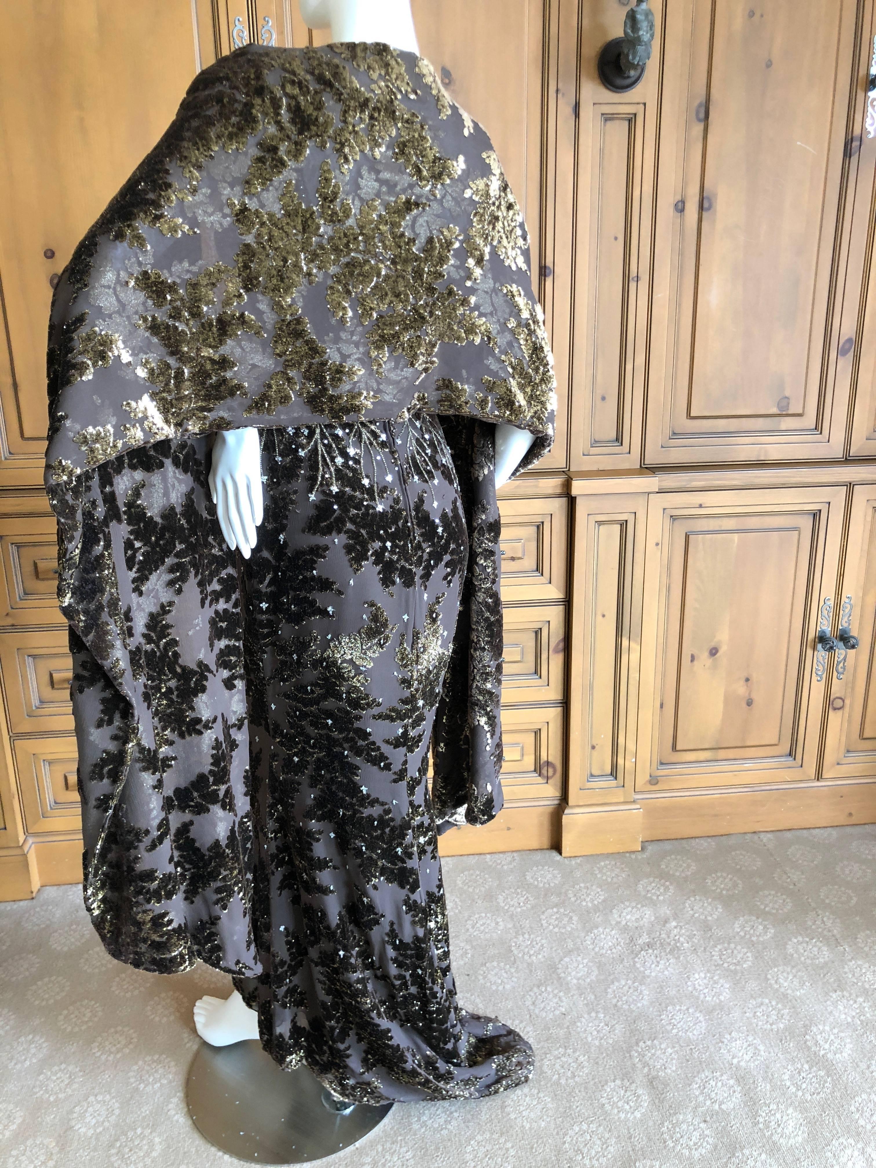 Badgley Mischka Brown Gold Devore Velvet Beaded Evening Dress and Matching Shawl For Sale 3