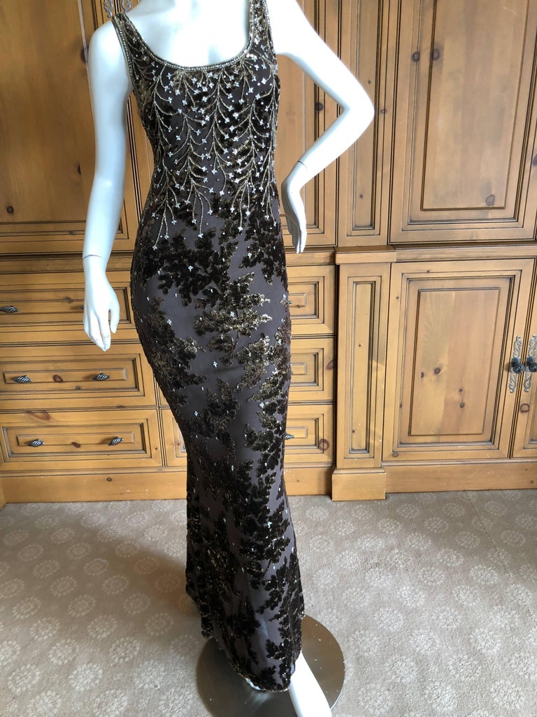 Badgley Mischka Brown Gold Devore Velvet Beaded Evening Dress and Matching  Shawl