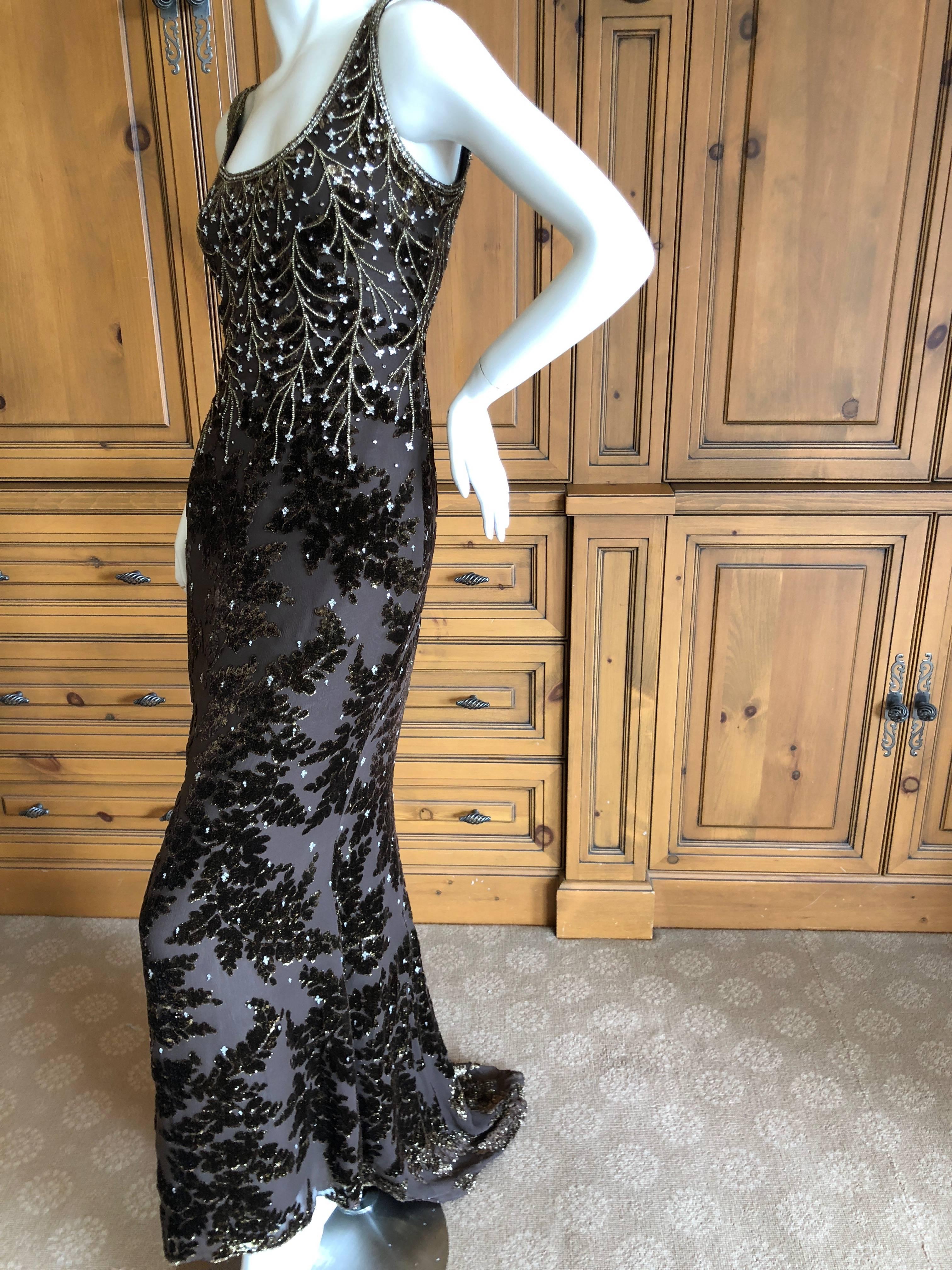 Badgley Mischka Brown Gold Devore Velvet Beaded Evening Dress and Matching Shawl In Excellent Condition For Sale In Cloverdale, CA