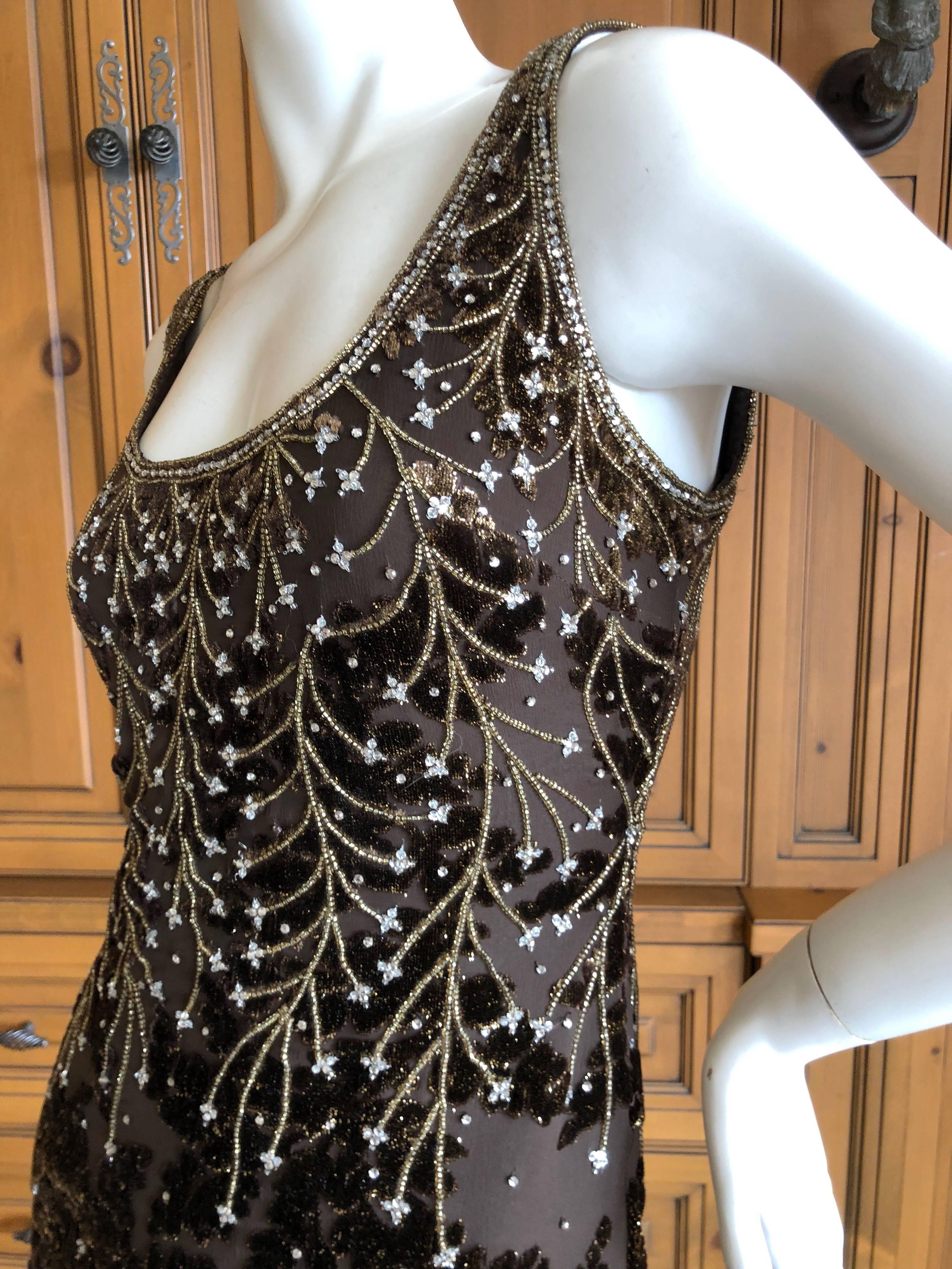 Women's Badgley Mischka Brown Gold Devore Velvet Beaded Evening Dress and Matching Shawl For Sale