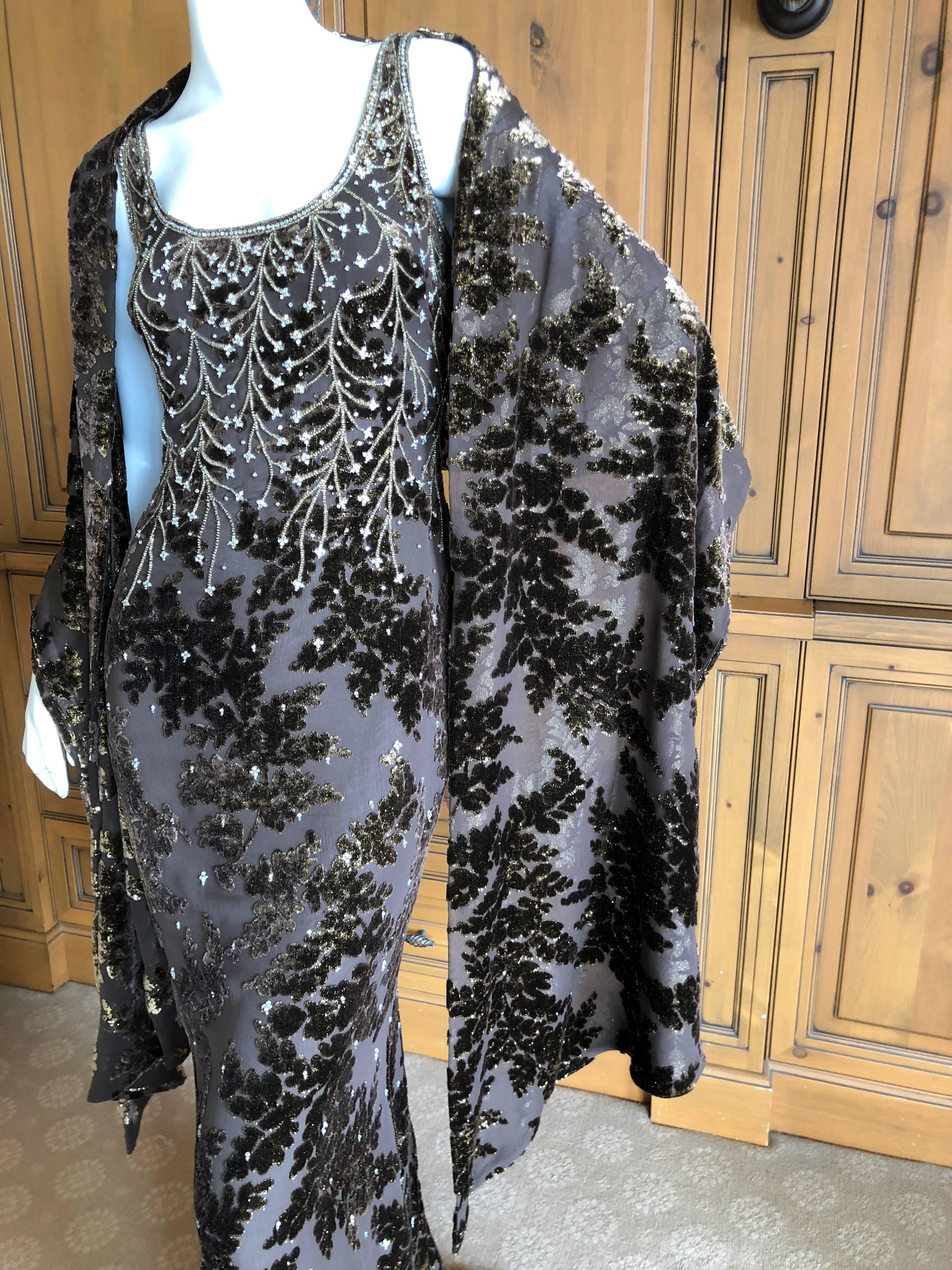 Badgley Mischka Brown Gold Devore Velvet Beaded Evening Dress and Matching Shawl For Sale 2