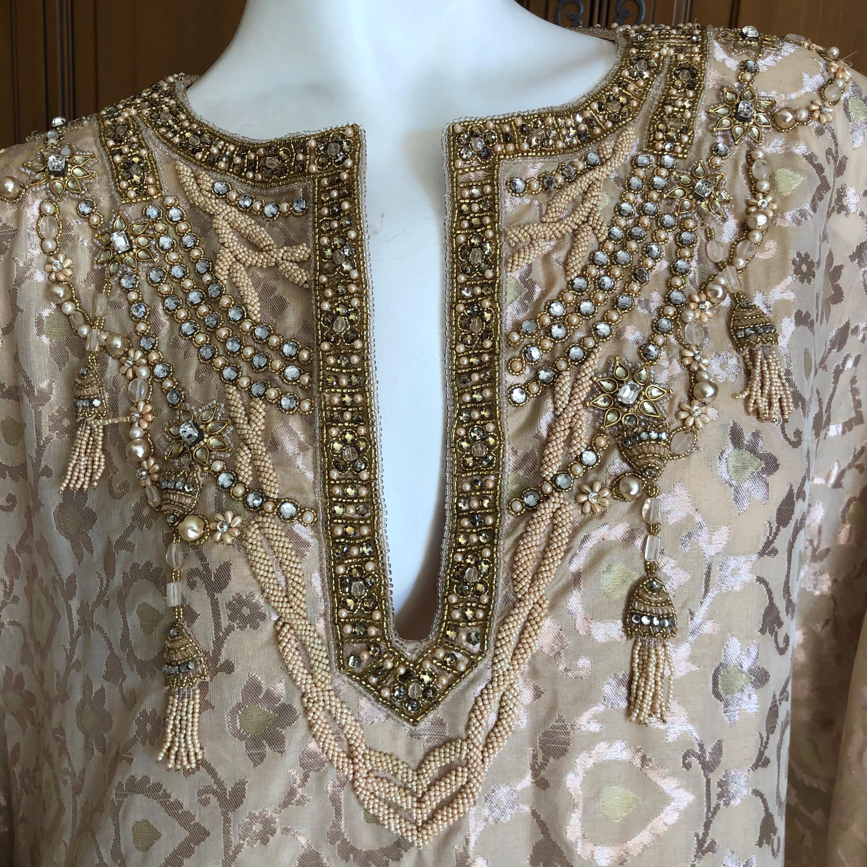 Women's Badgley Mishka Couture Richly Jeweled & Pearl Embellished Gold Silk Caftan NEW