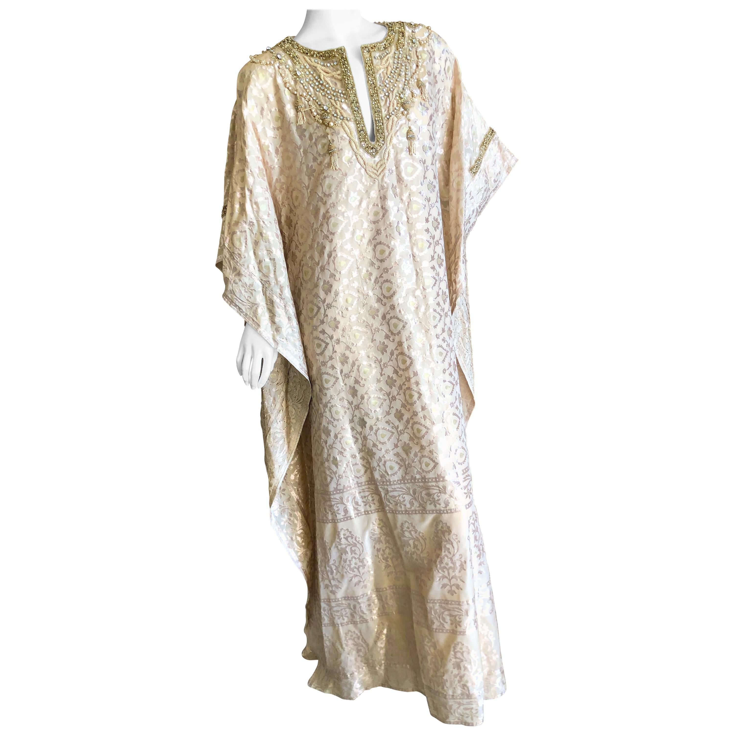 Badgley Mishka Couture Richly Jeweled & Pearl Embellished Gold Silk Caftan NEW