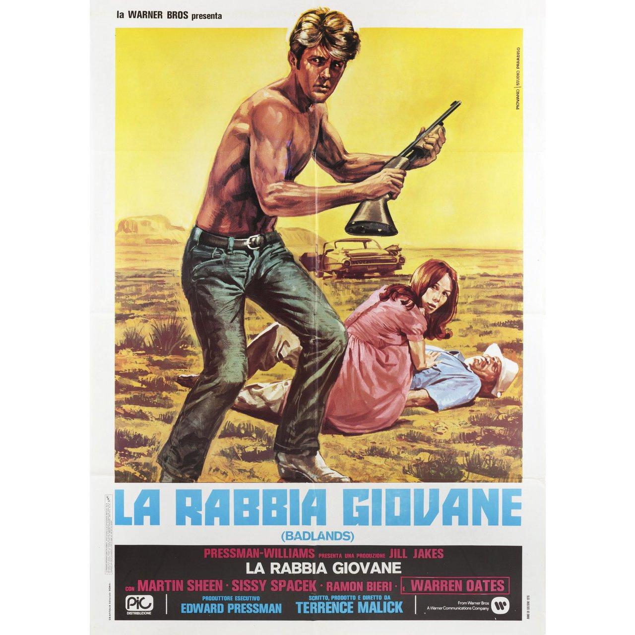 Original 1976 Italian due fogli poster for the 1973 film Badlands directed by Terrence Malick with Martin Sheen / Sissy Spacek / Warren Oates / Ramon Bieri. Very Good-Fine condition, folded. Many original posters were issued folded or were