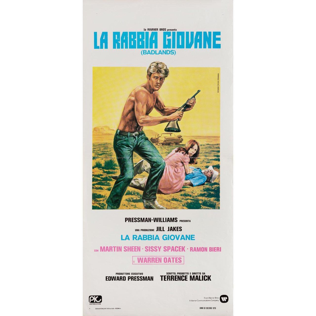 Original 1976 Italian locandina poster by Mario Piovano for the first Italian theatrical release of the 1973 film Badlands directed by Terrence Malick with Martin Sheen / Sissy Spacek / Warren Oates / Ramon Bieri. Very Good condition, folded w/