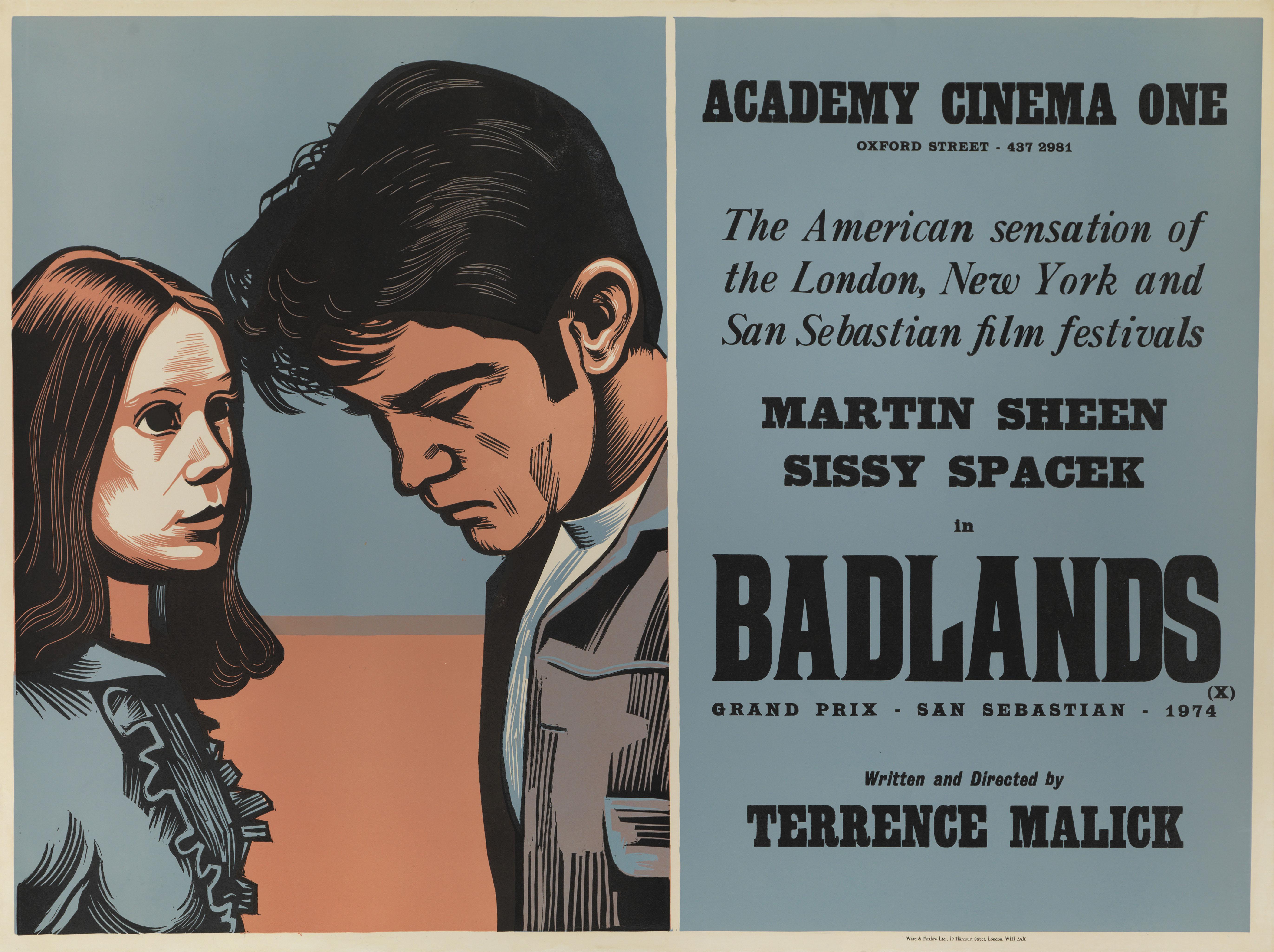 Original British film poster for the Badlands 1974.
This film was directed by Terrence Malick and starred Martin Sheen, Sissy Spacek and Warren Oates.
The artwork on this poster is by Peter Strausfeld (1910-1980)
Peter Strausfeld was born in