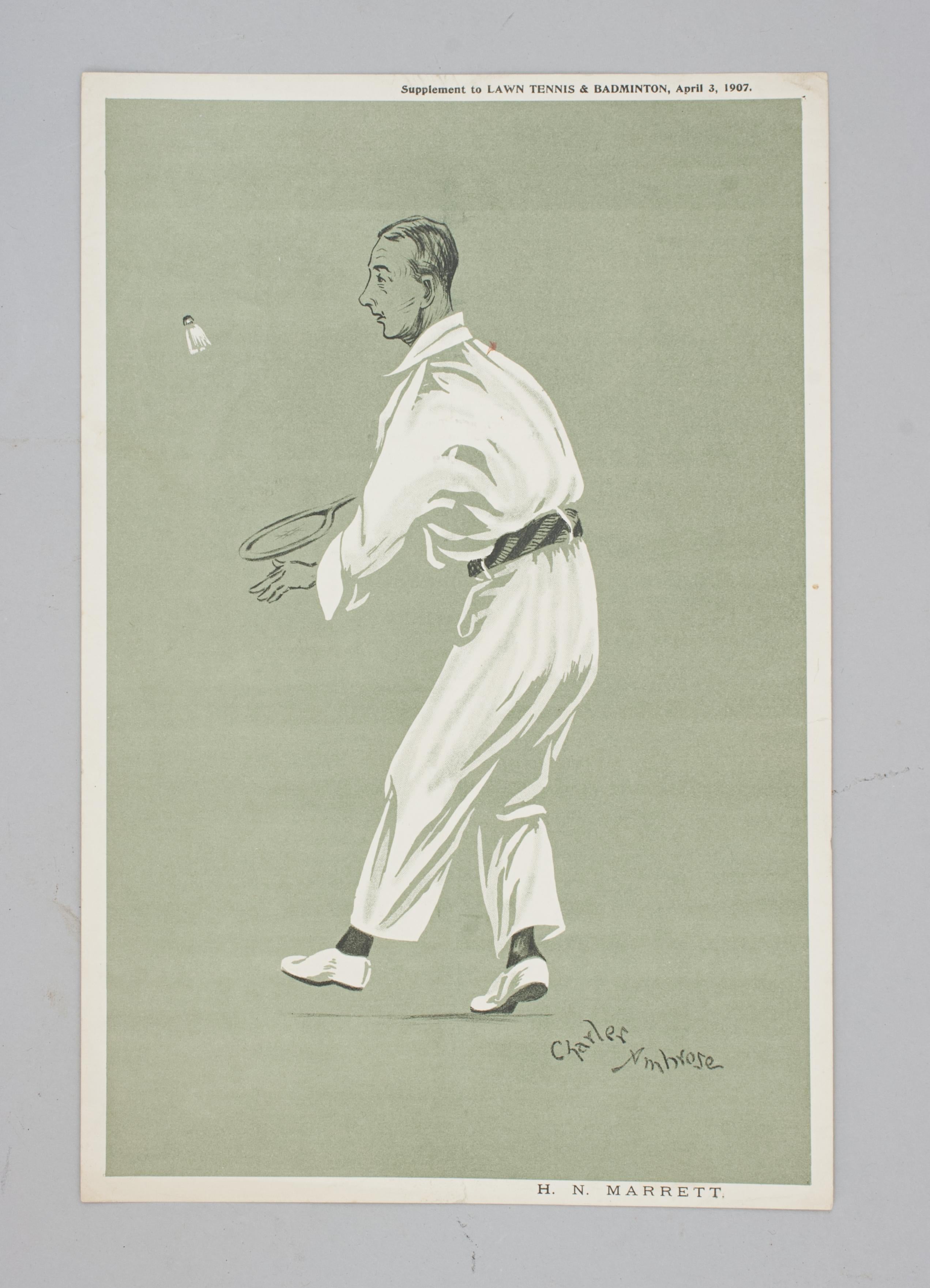 Badminton Player, H.N. Marrett, by Charles Ambrose.
A vintage badminton print of a caricature of H.N. Marrett by Charles Ambrose. Marrett was born in Umballa, India, and died there but he spent much of his life living in England. Henry Norman