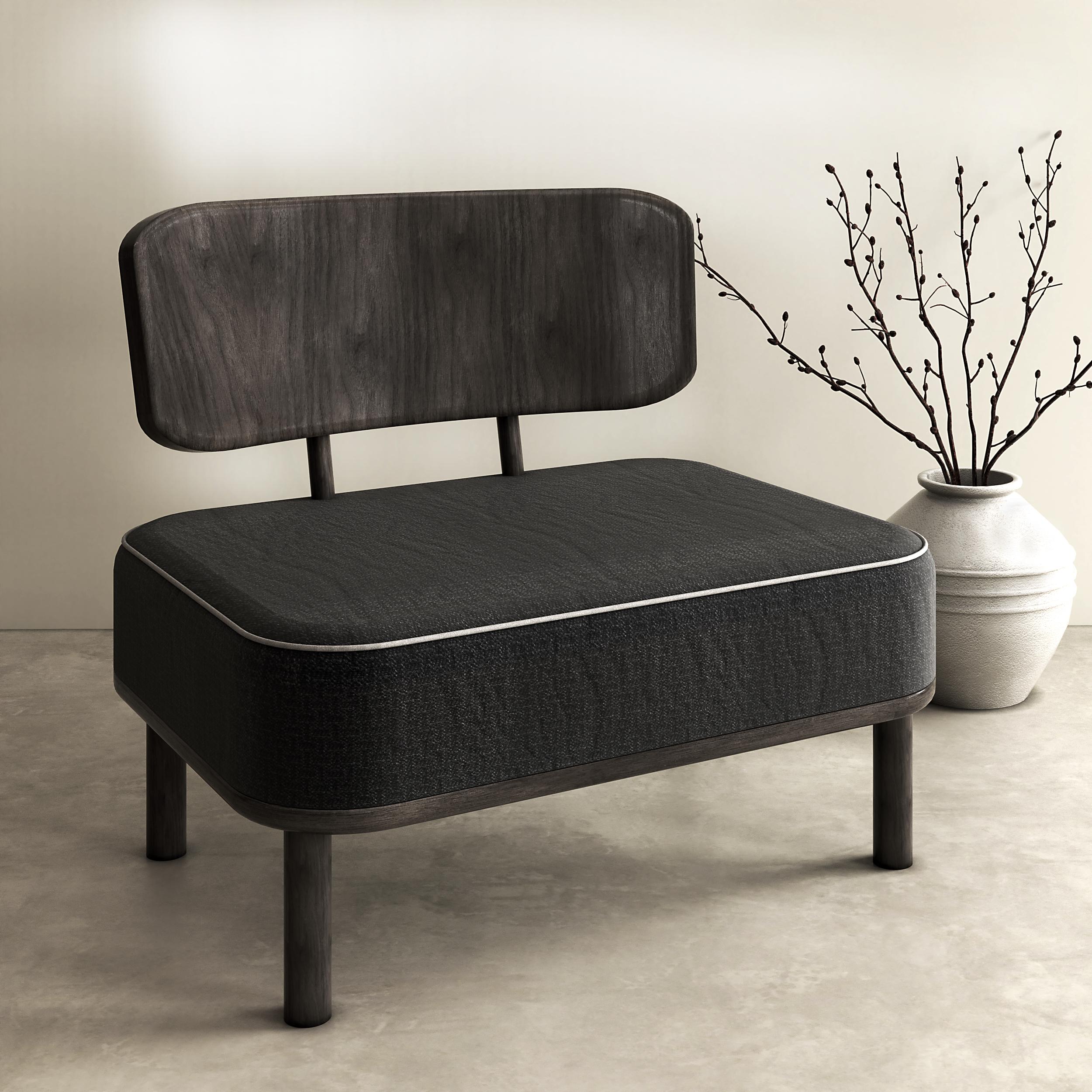 Badou Lounge Chair di Studio Awe Gaertner
Dimensioni: D 71 x L 85 x H 82 cm.
Materiali: Rovere massiccio e tessuto Kvadrat Coilline 2 (n. 797) (75% lana vergine, pettinato 17% poliacrilico, 8% nylon).

Forse potrebbe essere interpretato come una