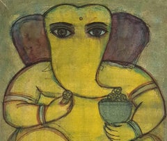 Ganapati, tecnica mista su tavola, verde, giallo, marrone di Badri Narayan "In stock"