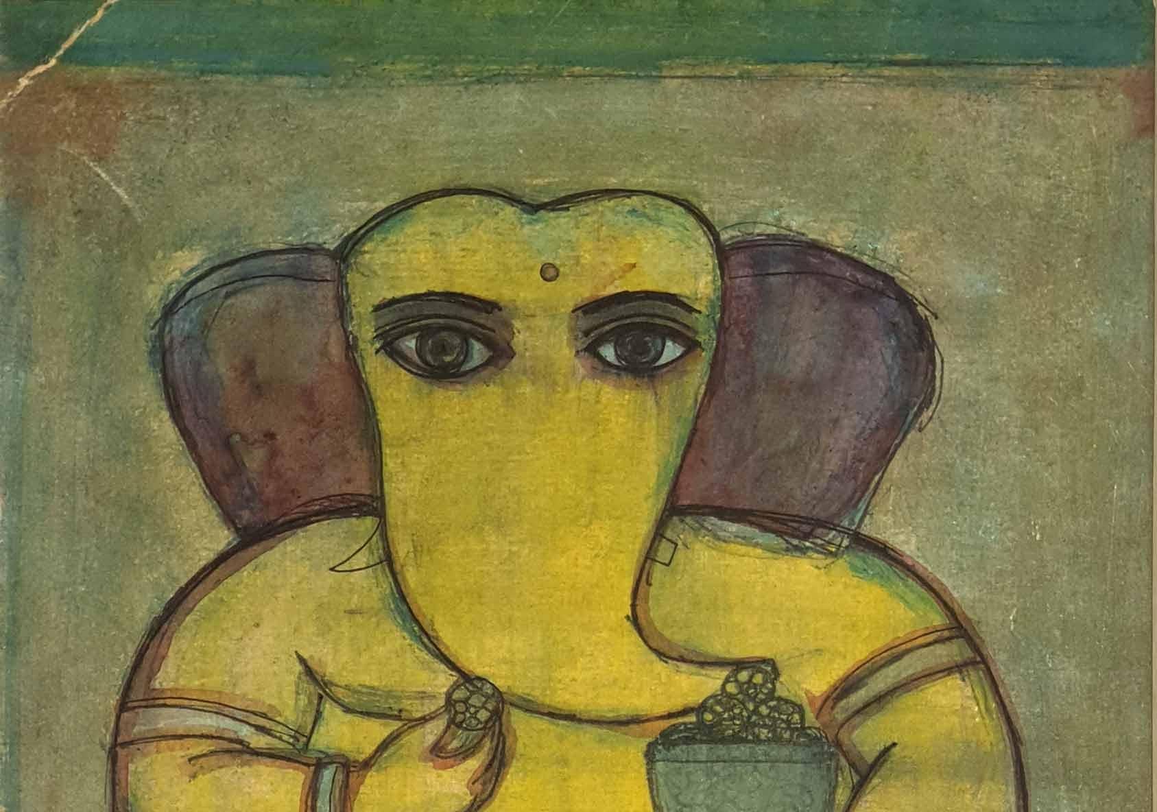 Ganapati, Técnica mixta sobre tabla, Verde, Amarillo, Marrón por Badri Narayan 