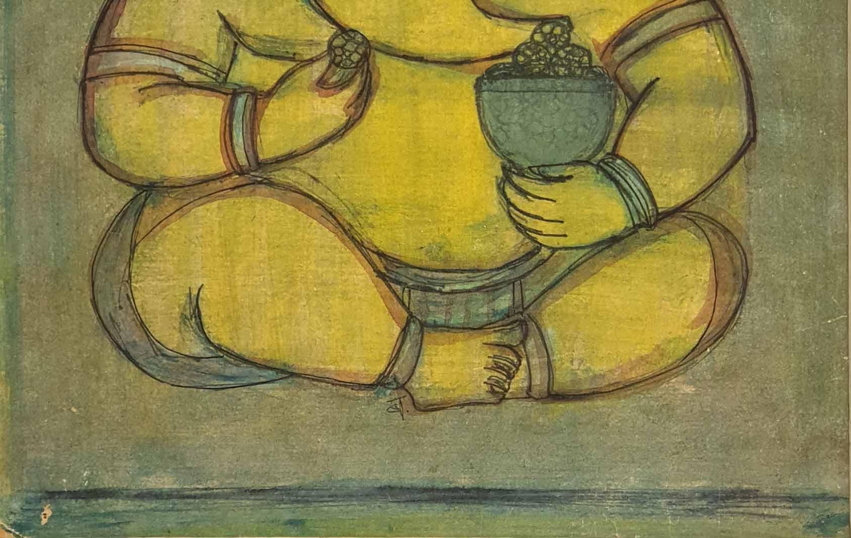 Ganapati, Técnica mixta sobre tabla, Verde, Amarillo, Marrón por Badri Narayan 