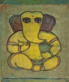 Ganapati, technique mixte sur panneau, vert, jaune, marron par Badri Narayan « En stock »