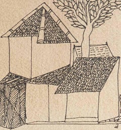 House, Tree, Drawing, Ink on Paper, Black & White by Badri Narayan "In Stock"