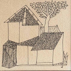 Maison, arbre, dessin, encre sur papier, noir et blanc par Badri Narayan "En stock"