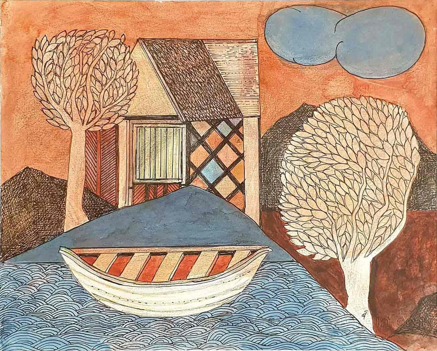 House Trees Cloud Boat Watercolor Orange Brown Blue By Badrinatayan In Stock