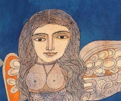 Kinnara:: Nu:: Aquarelle sur papier:: Bleu:: Orange de l'artiste indien "En stock"