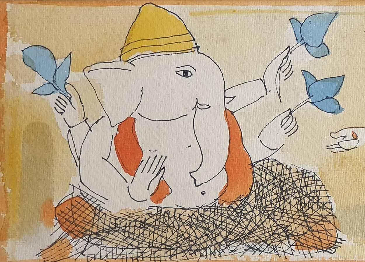 Lord Ganesha & Women, God, encre et aquarelle sur papier de l'artiste indien « En stock » - Moderne Art par Badri Narayan
