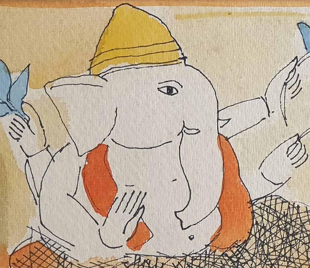 Lord Ganesha & Women, God, Ink & Watercolor on paper by Indian Artist 