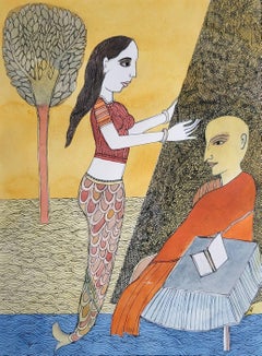 Mermaid & Scholar, Watercolor & Crosshatch on Paper by Modern Indian "In Stock"