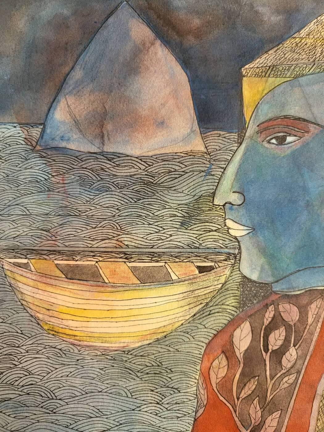 Scholar from an Eastern Land, Watercolour, Color Pencil, Crosshatch on Paper - Painting by Badri Narayan