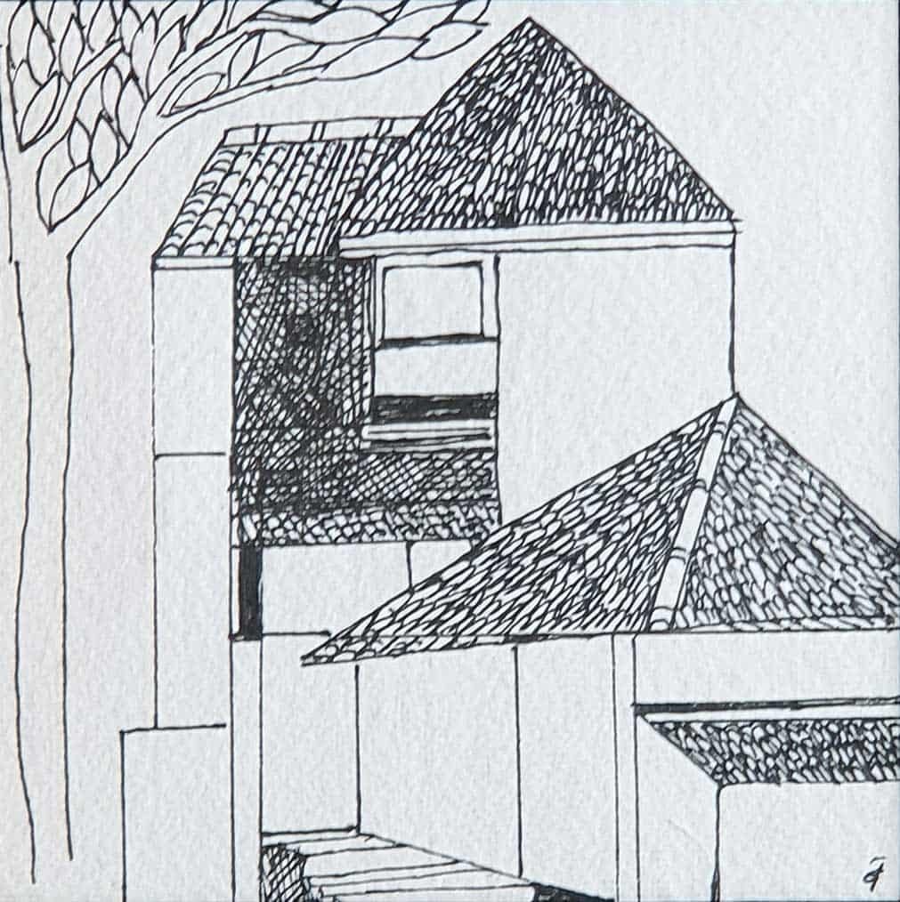 Ensemble de 2 œuvres d'art, maison, dessin, encre sur papier, artiste indien moderne « en stock » - Painting de Badri Narayan
