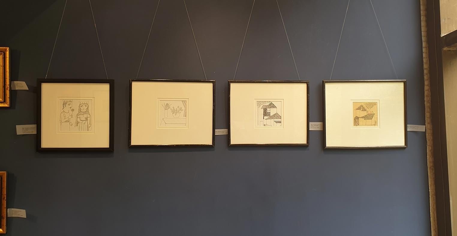Conjunto de 2 obras de arte, Casa, Dibujo, Tinta sobre papel, Artista indio moderno 